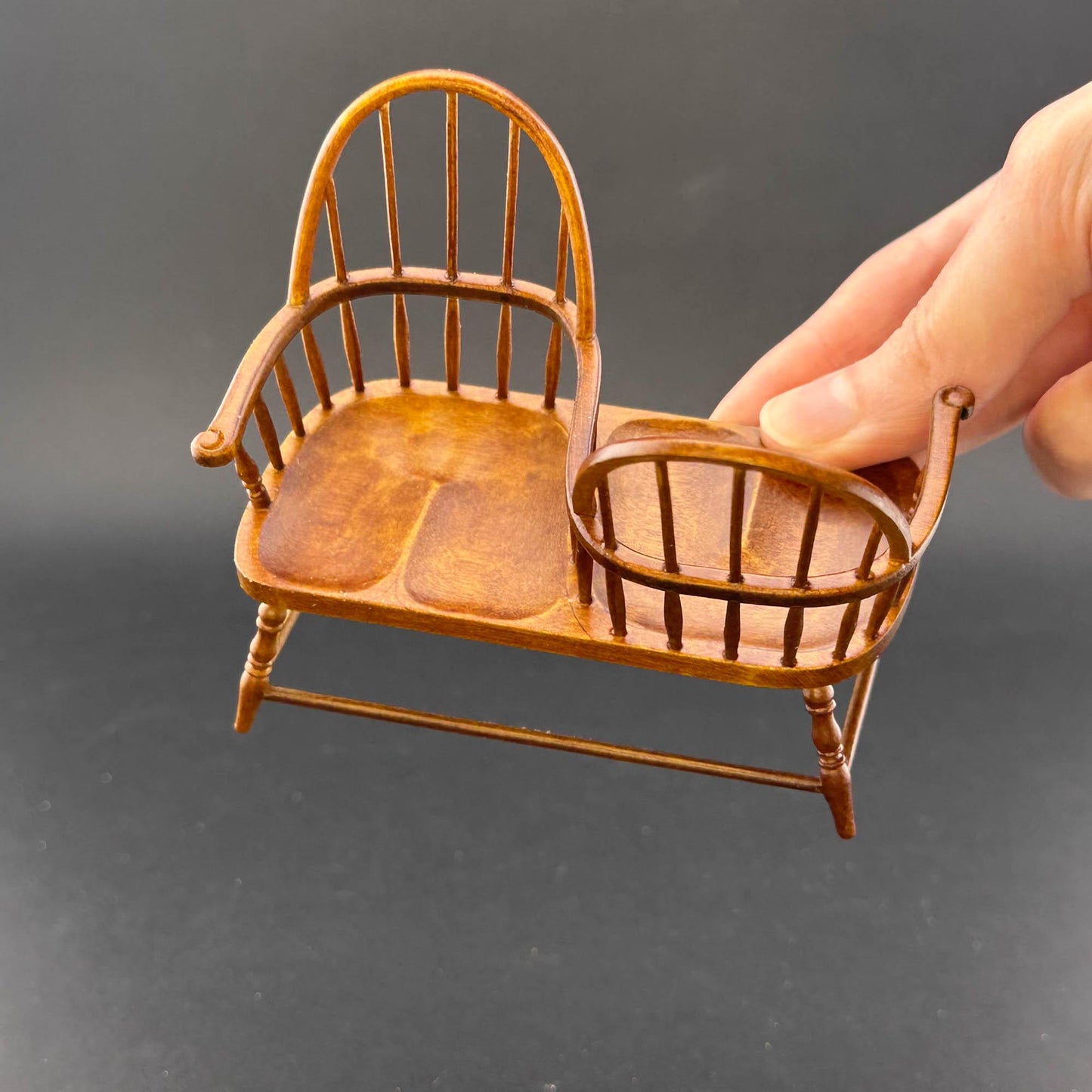Miniature Love Seat Kissing Bench, Wooden High Back Double Spindle Windsor Style for 1:12 scale dollhouse Handcrafted