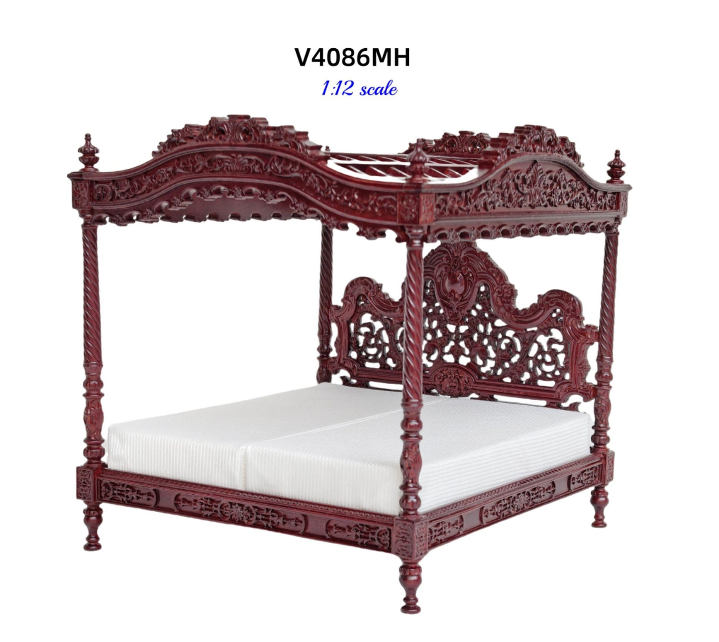 A Miniature Masterpiece king-size wooden Baroque Carved Mahogany Victorian Rococo Revival Canopy Bed Replica in 1:12 scale dollhouse