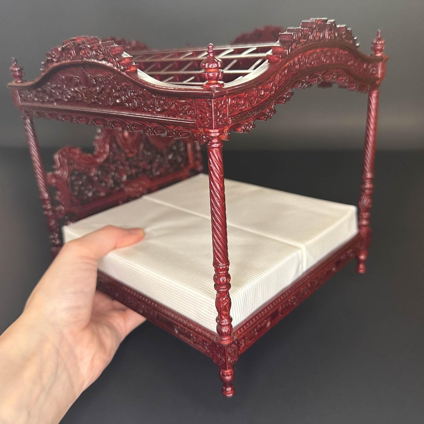A Miniature Masterpiece king-size wooden Baroque Carved Mahogany Victorian Rococo Revival Canopy Bed Replica in 1:12 scale dollhouse