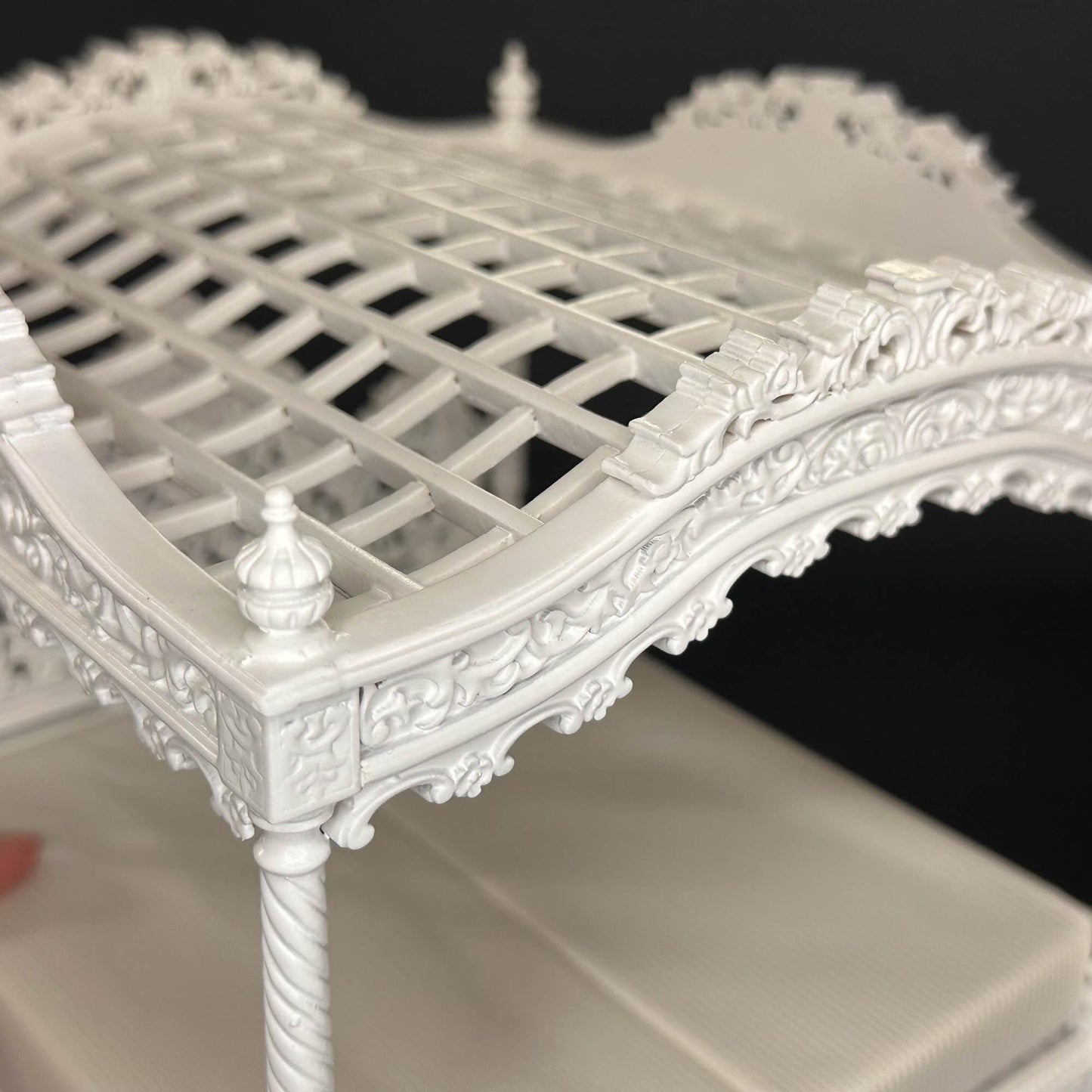 A Miniature Masterpiece king-size wooden Baroque Carved White Victorian Rococo Revival Canopy Bed Replica in 1:12 scale dollhouse
