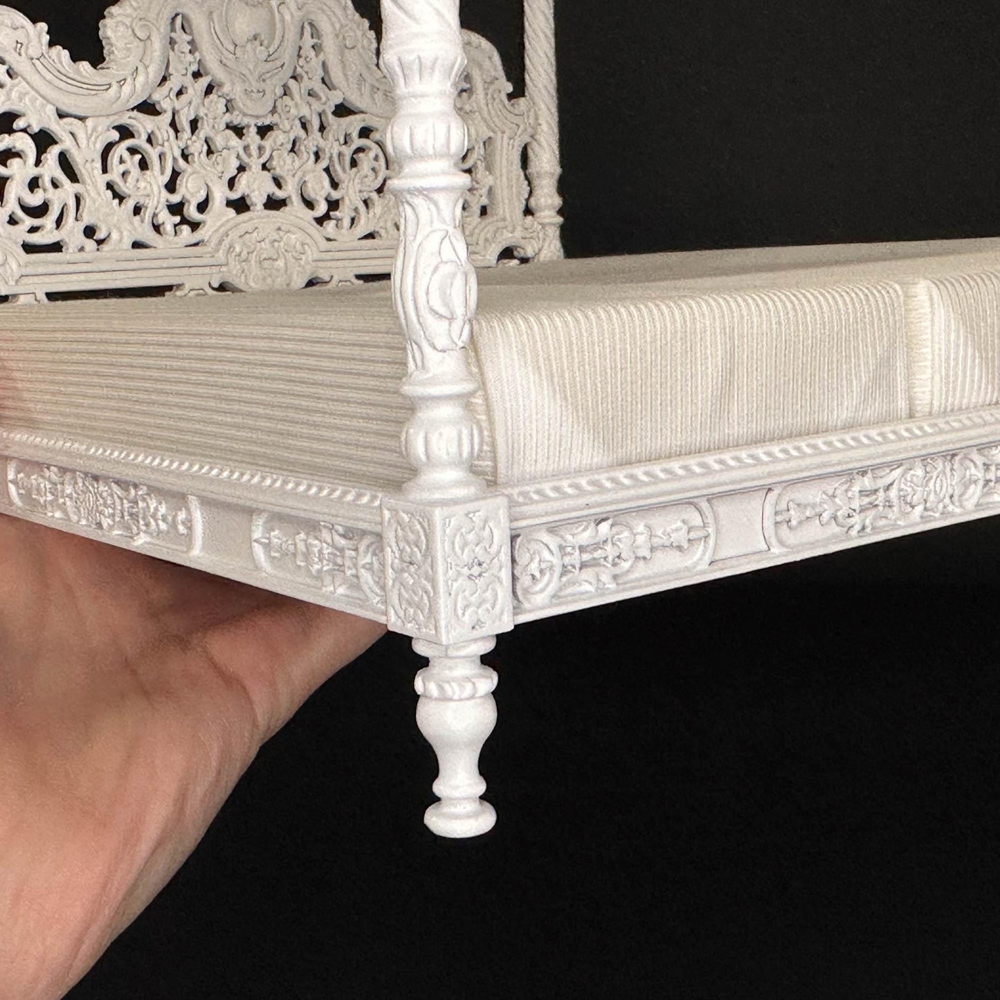 A Miniature Masterpiece king-size wooden Baroque Carved White Victorian Rococo Revival Canopy Bed Replica in 1:12 scale dollhouse
