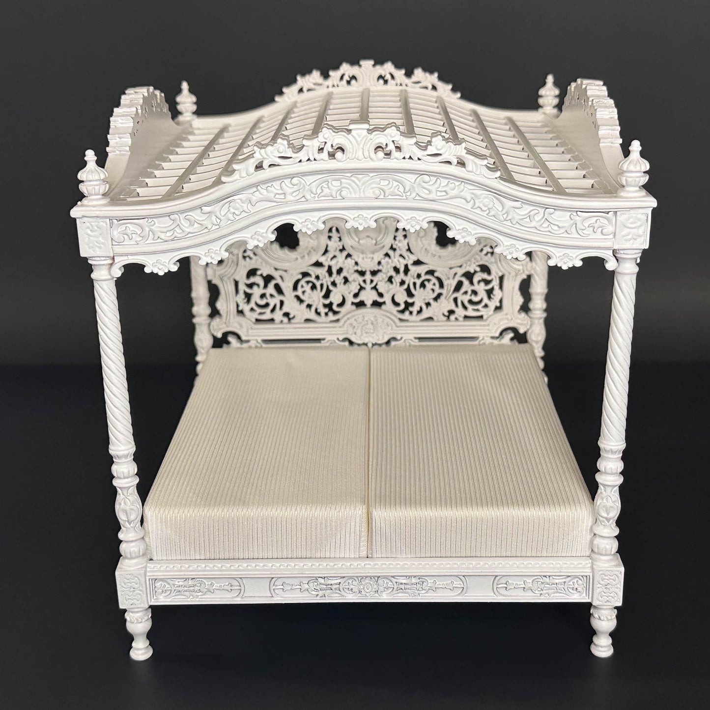 A Miniature Masterpiece king-size wooden Baroque Carved White Victorian Rococo Revival Canopy Bed Replica in 1:12 scale dollhouse
