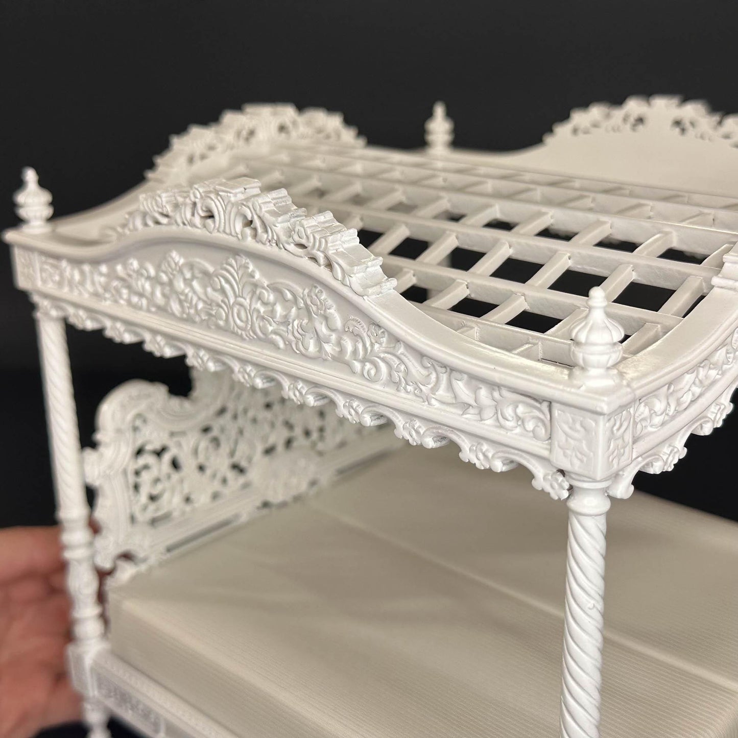A Miniature Masterpiece king-size wooden Baroque Carved White Victorian Rococo Revival Canopy Bed Replica in 1:12 scale dollhouse