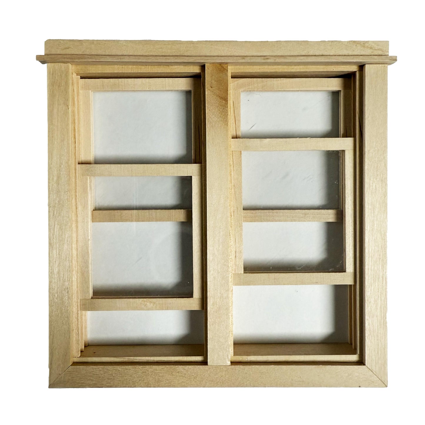 Fenêtre double miniature en bois brut avec pièces mobiles coulissantes pour maisons de poupées à l'échelle 1:12