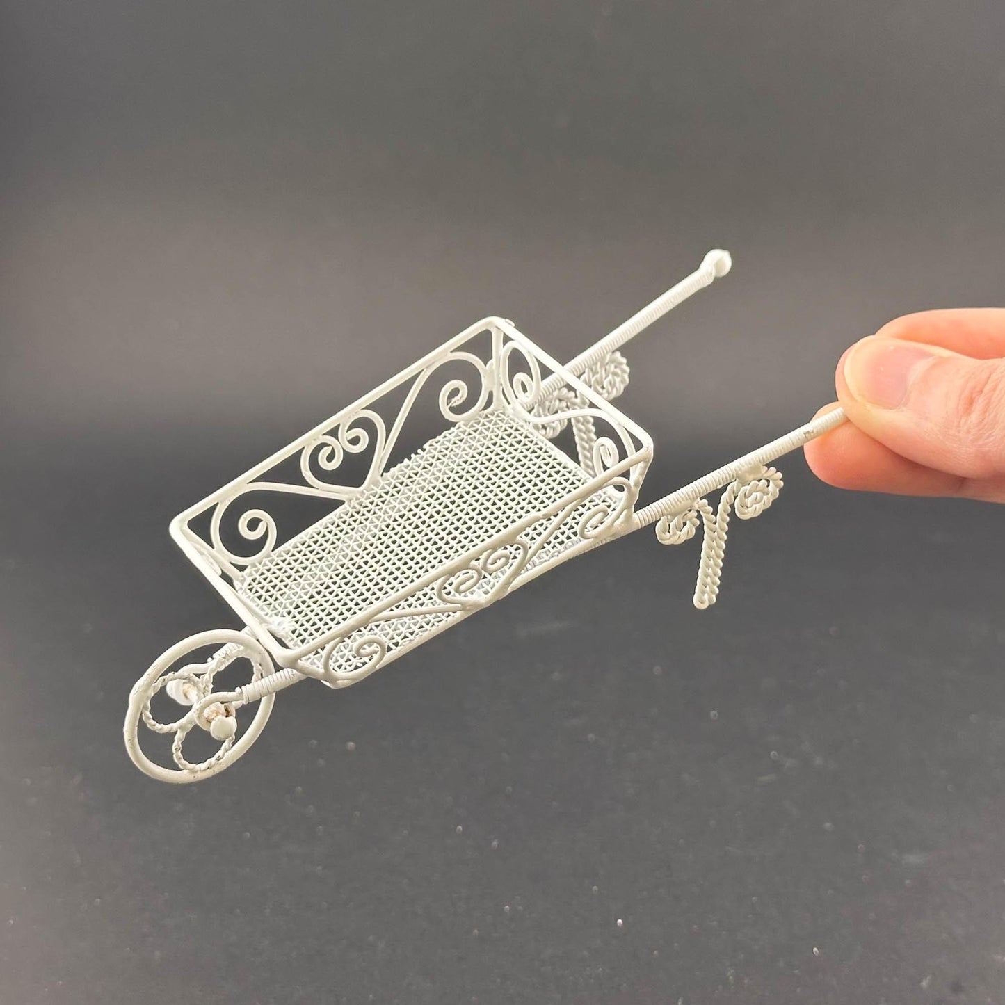 Elegant Miniature Victorian Wheelbarrow – 1:12 Scale White Wire for Dollhouse Gardens
