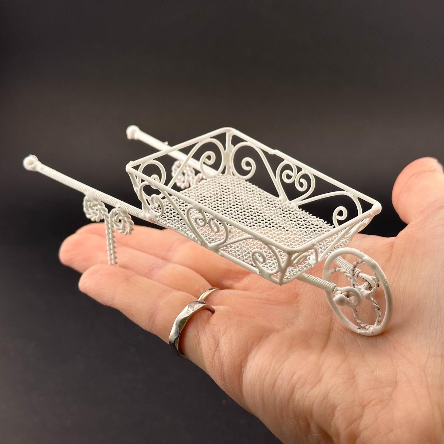 Elegant Miniature Victorian Wheelbarrow – 1:12 Scale White Wire for Dollhouse Gardens