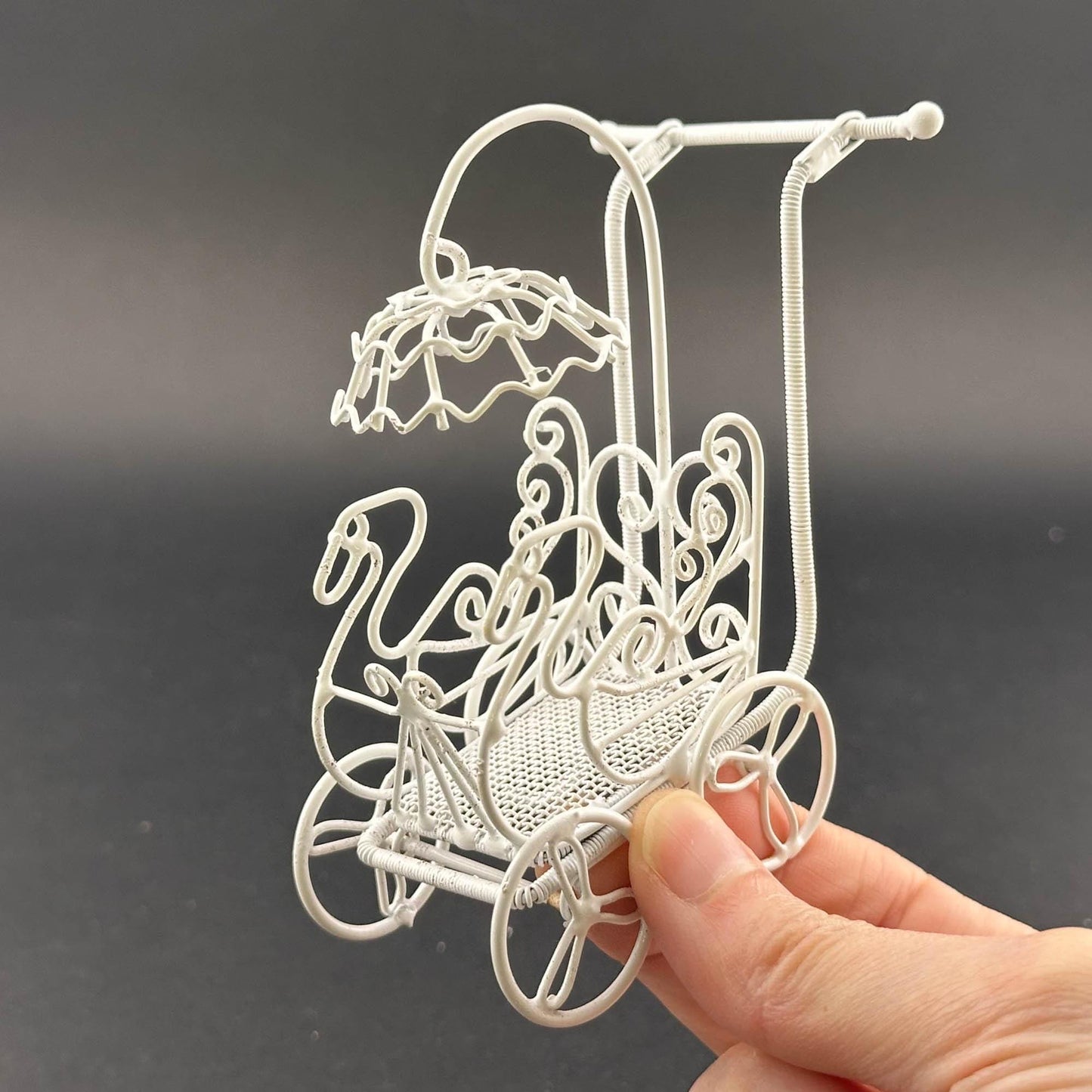 Miniature Victorian Baby Carriage with Parasol – 1:12 Scale White Wire Dollhouse Garden Accent