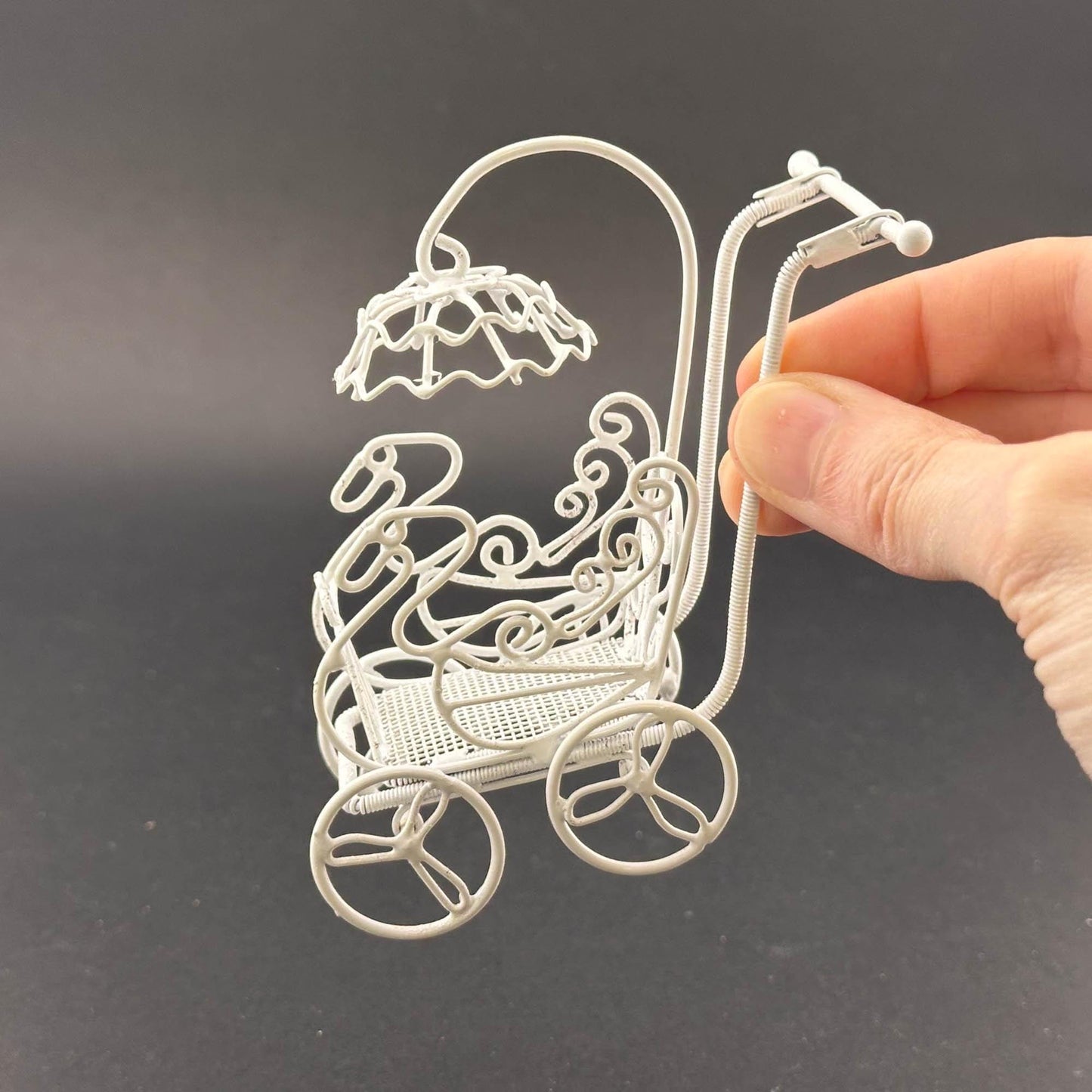 Miniature Victorian Baby Carriage with Parasol – 1:12 Scale White Wire Dollhouse Garden Accent