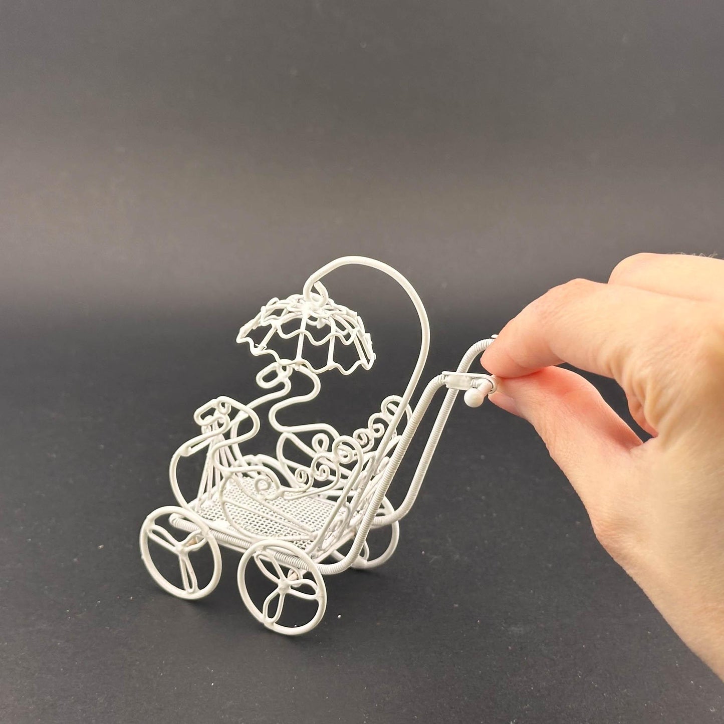 Miniature Victorian Baby Carriage with Parasol – 1:12 Scale White Wire Dollhouse Garden Accent