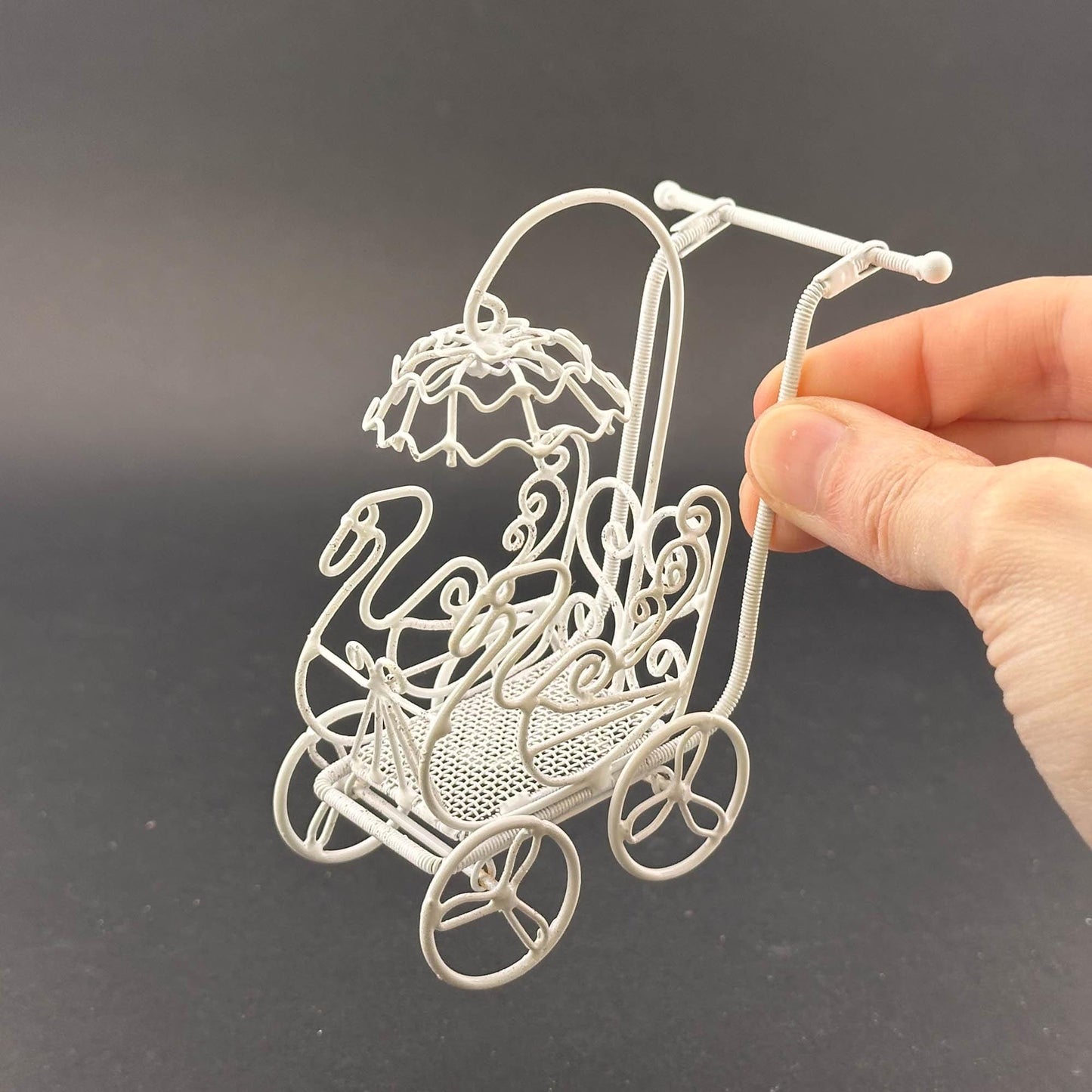 Miniature Victorian Baby Carriage with Parasol – 1:12 Scale White Wire Dollhouse Garden Accent