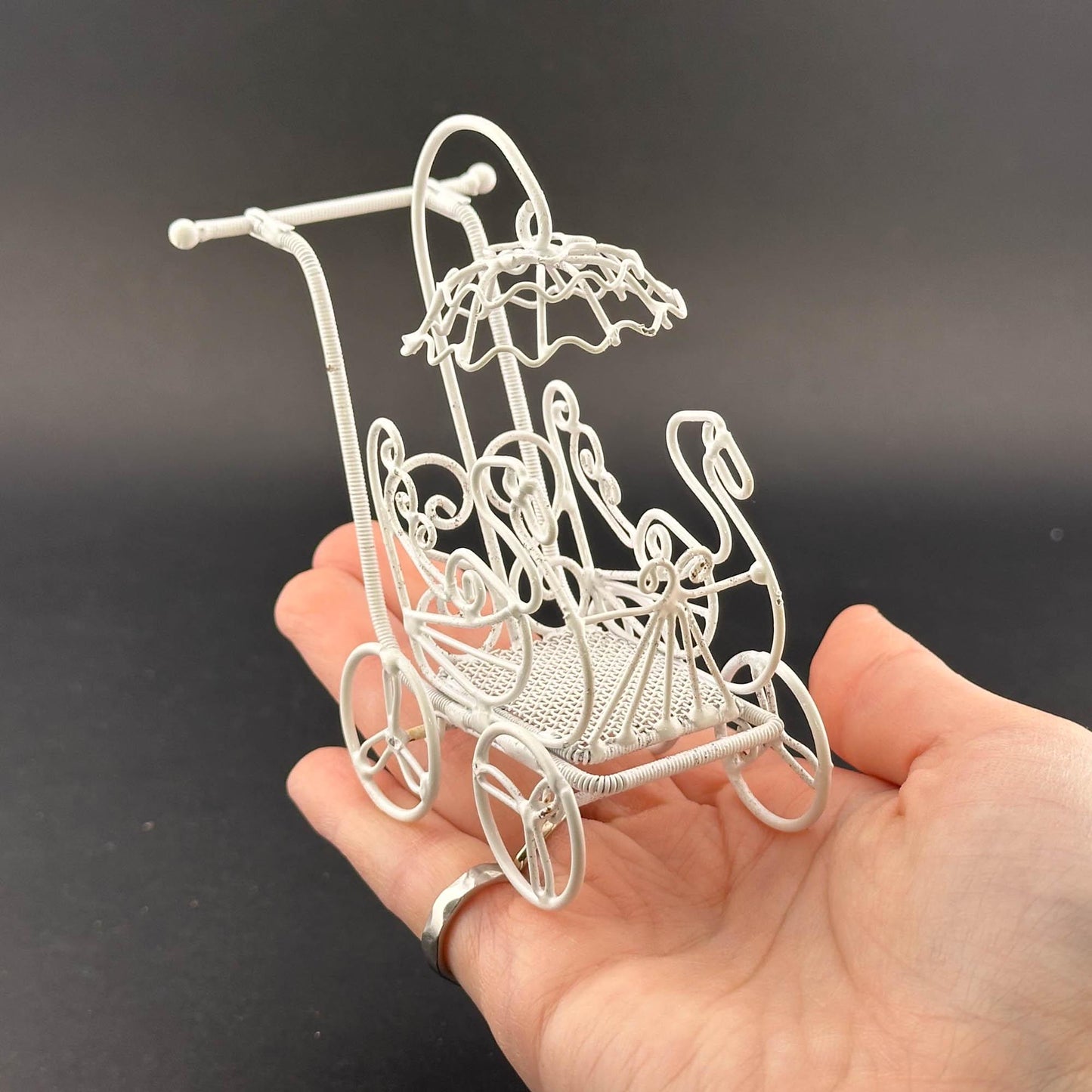 Miniature Victorian Baby Carriage with Parasol – 1:12 Scale White Wire Dollhouse Garden Accent