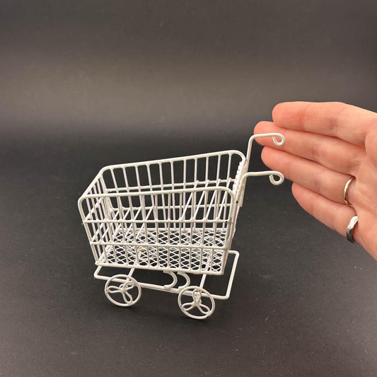Miniature Shopping Cart Stand – 1:12 Scale White Wire for Dollhouse Garden or Flower Shop