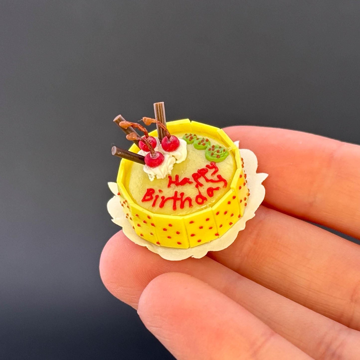 Handmade Happy Birthday Yellow cake in 1:12 scale for dollhouse miniature polymer clay