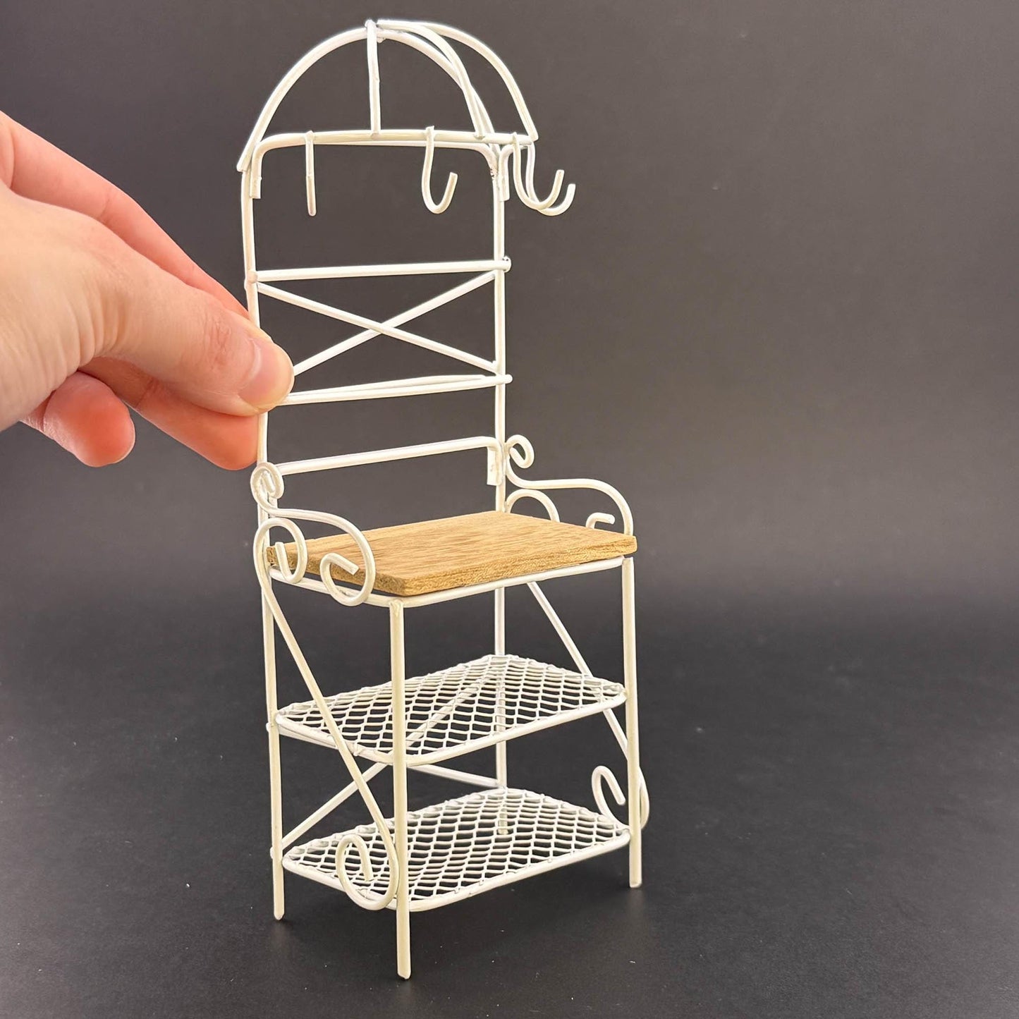 Miniature Victorian Wire Shelf with hanging hooks – 1:12 Scale White Wire for Dollhouse Garden or Kitchen