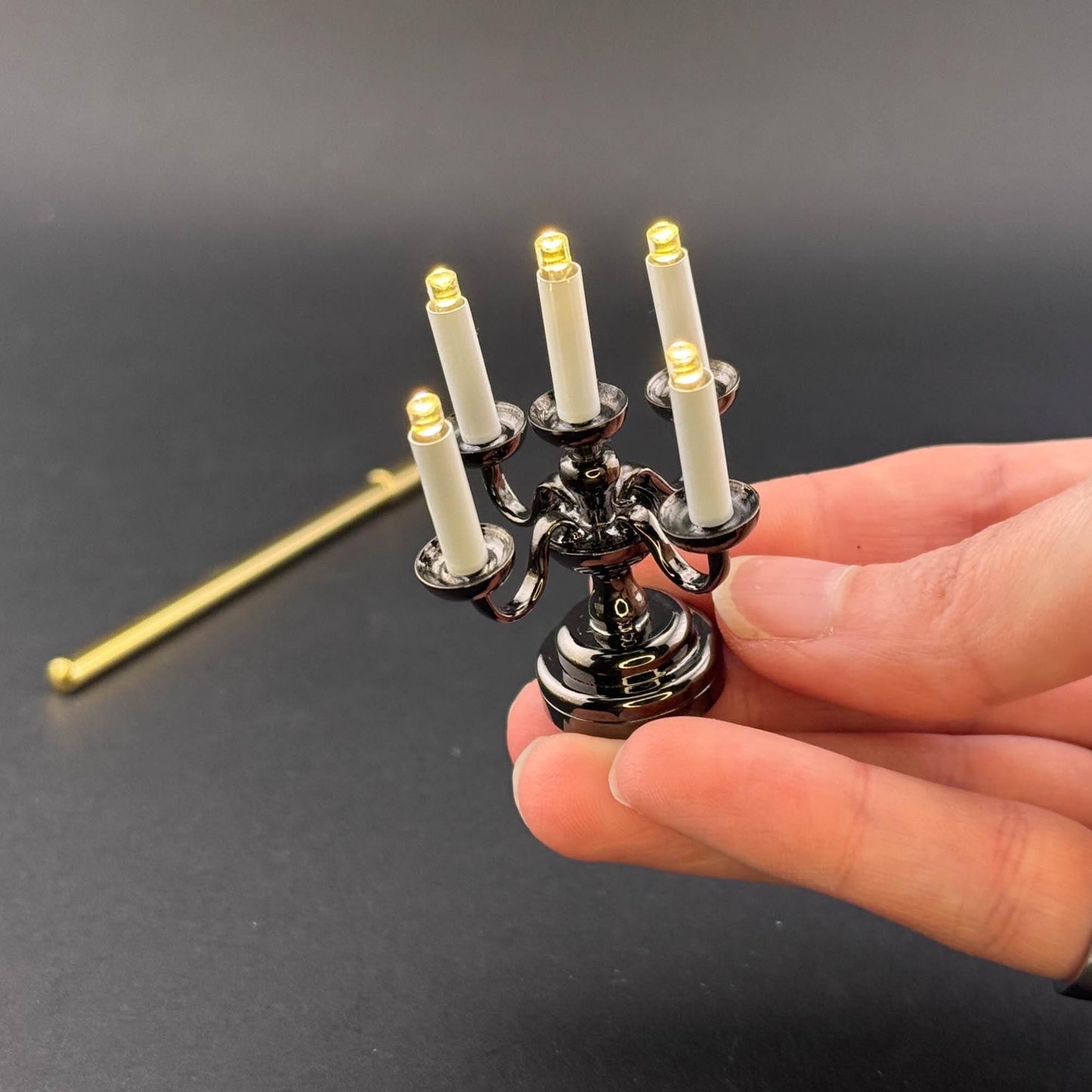 Miniature Touchless operation with Wand 1:12 table lamp LED for Dollhouse No-touch No-Switch Black candelabra with five candles candlestick