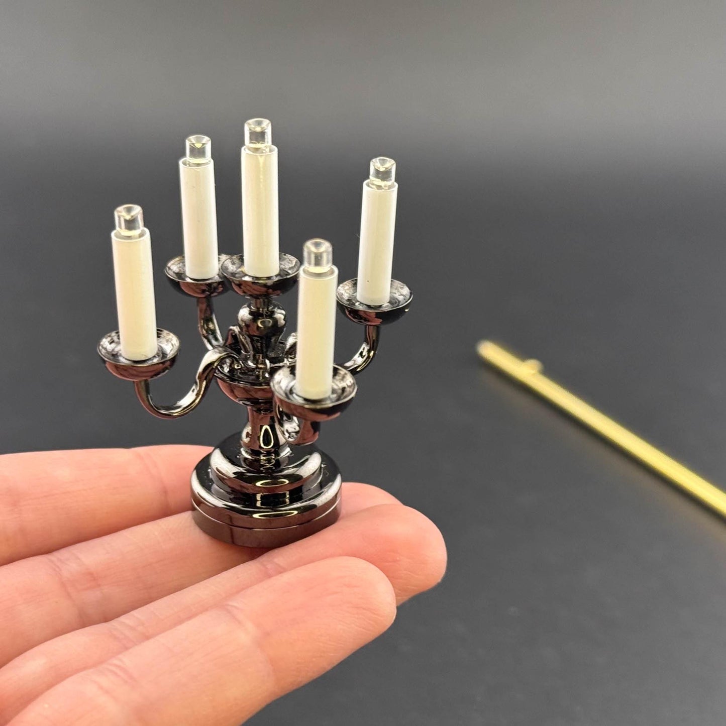 Miniature Touchless operation with Wand 1:12 table lamp LED for Dollhouse No-touch No-Switch Black candelabra with five candles candlestick