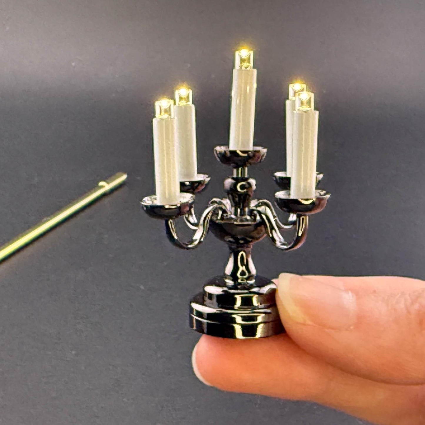 Miniature Touchless operation with Wand 1:12 table lamp LED for Dollhouse No-touch No-Switch Black candelabra with five candles candlestick