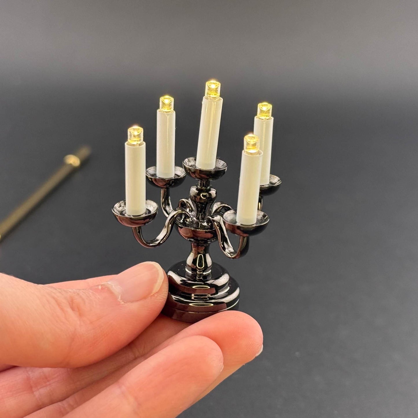 Miniature Touchless operation with Wand 1:12 table lamp LED for Dollhouse No-touch No-Switch Black candelabra with five candles candlestick