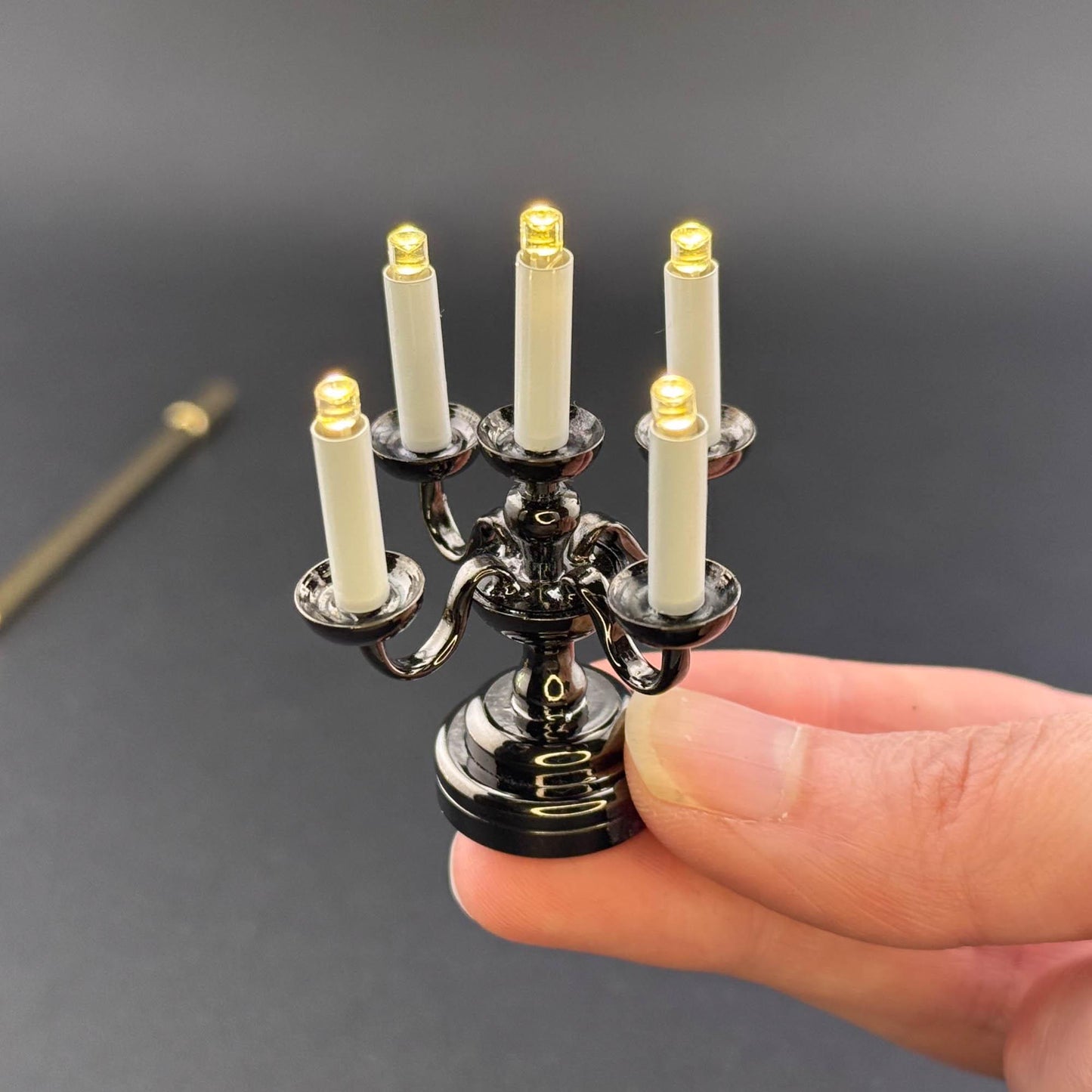Miniature Touchless operation with Wand 1:12 table lamp LED for Dollhouse No-touch No-Switch Black candelabra with five candles candlestick