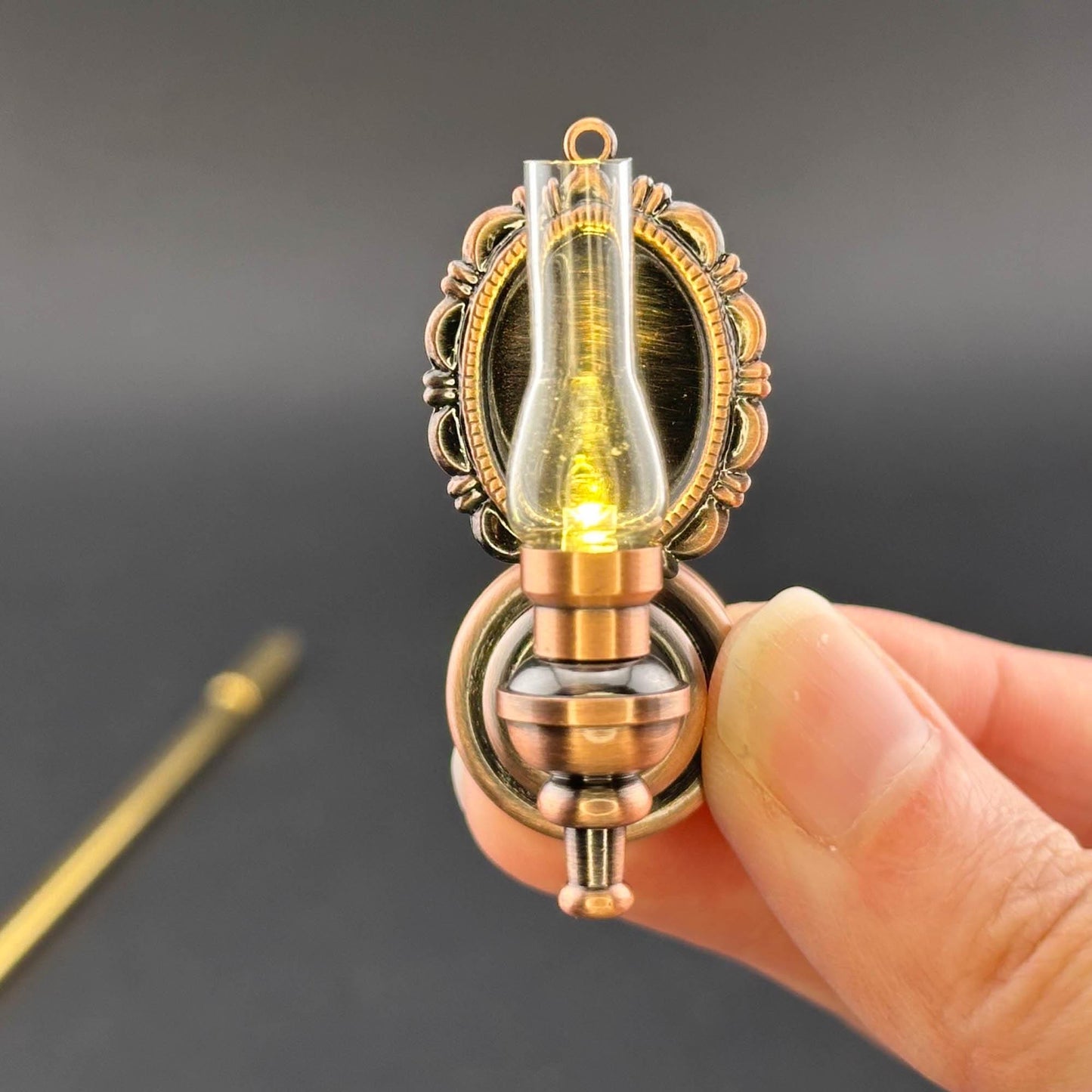 Miniature Touchless operation with Wand 1:12 Fancy Victorian wall sconce oil lamp LED Dollhouse No-touch No-Switch Copper