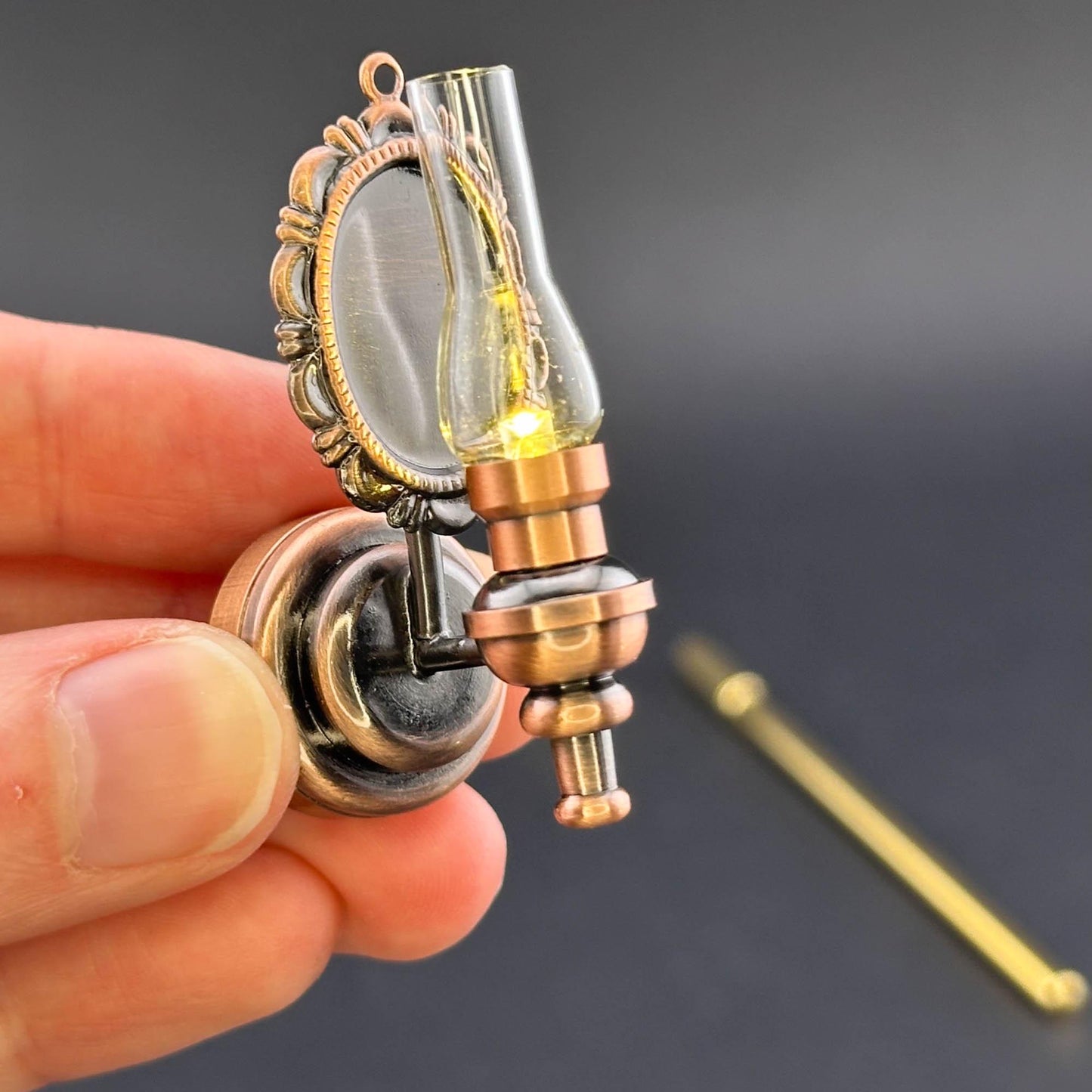 Miniature Touchless operation with Wand 1:12 Fancy Victorian wall sconce oil lamp LED Dollhouse No-touch No-Switch Copper