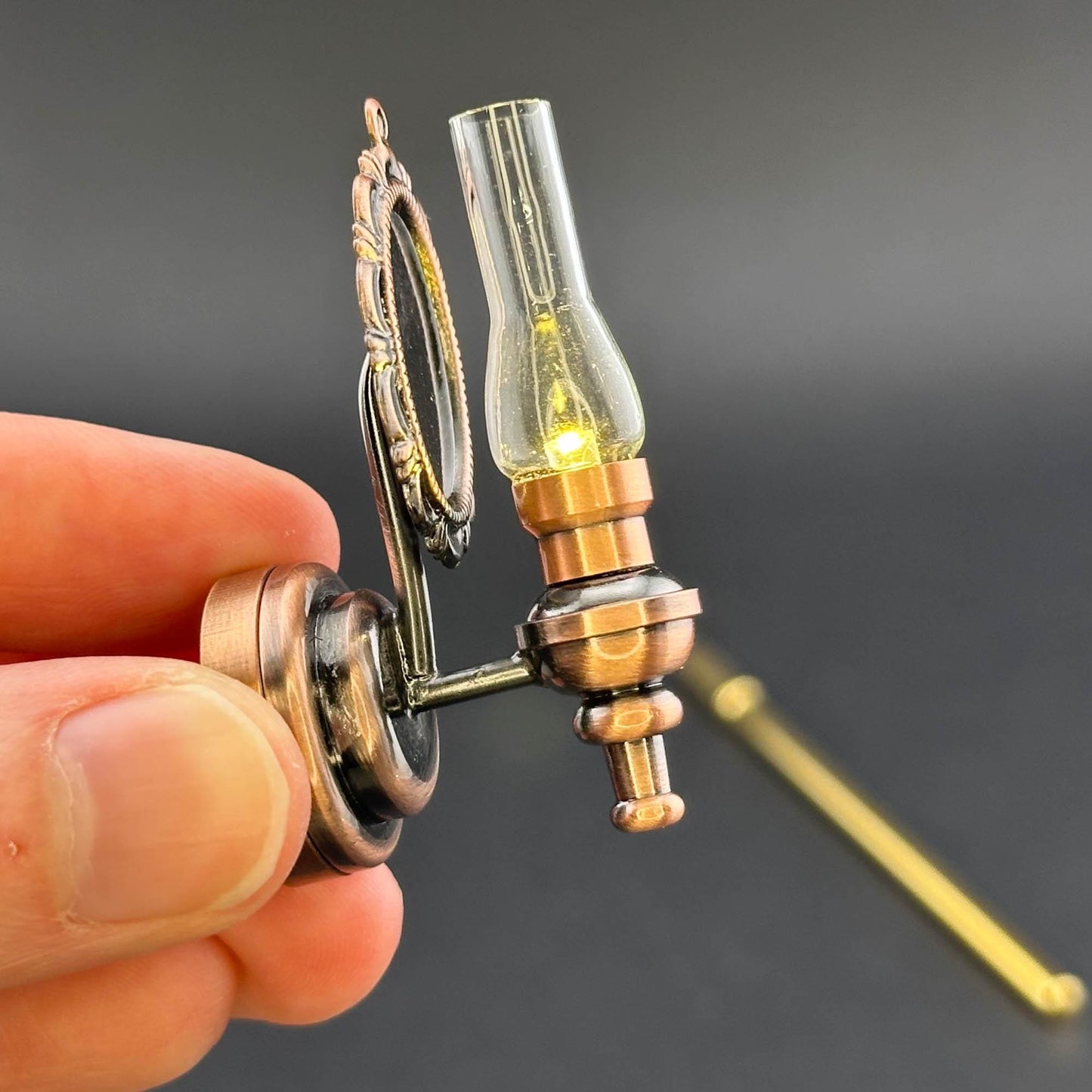 Miniature Touchless operation with Wand 1:12 Fancy Victorian wall sconce oil lamp LED Dollhouse No-touch No-Switch Copper