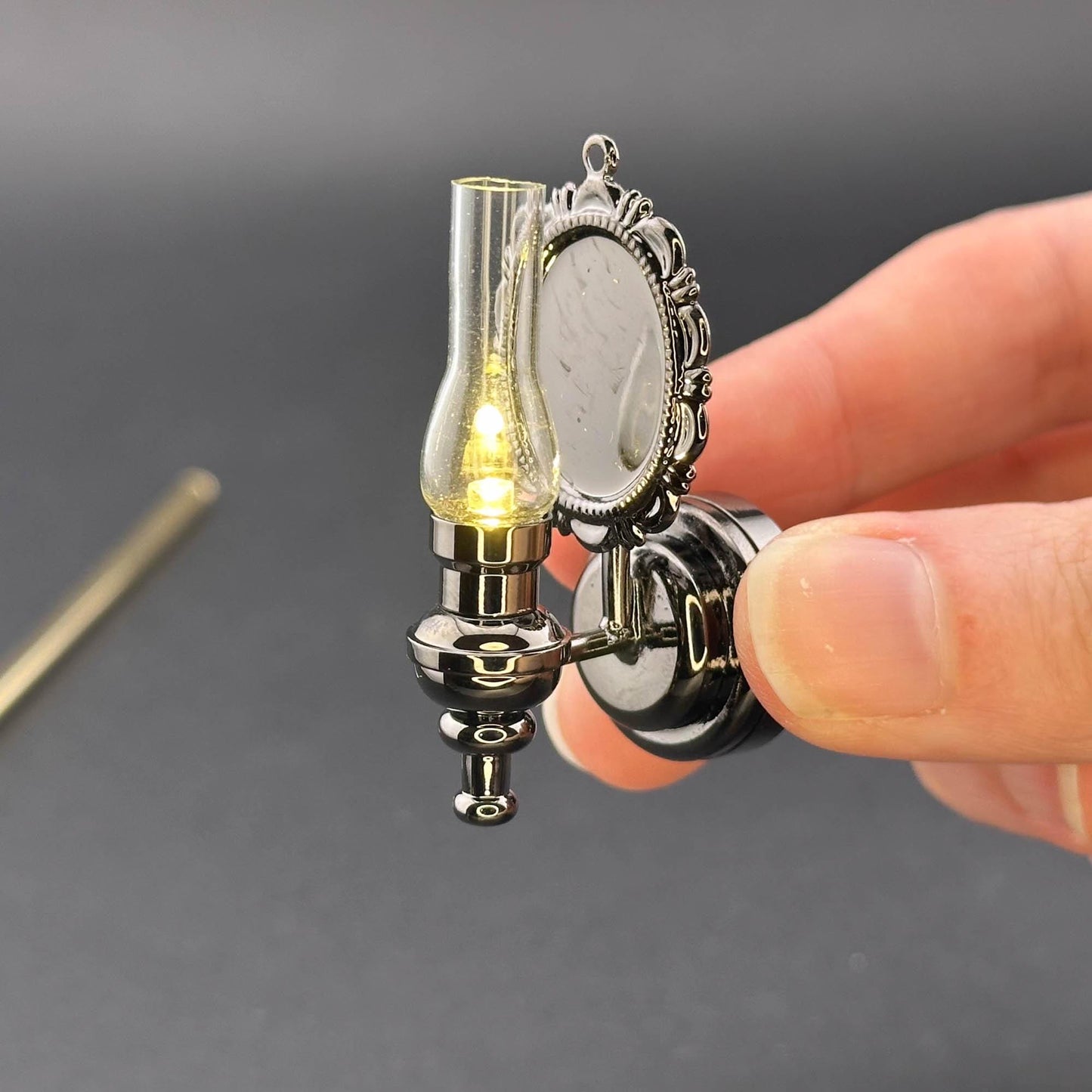 Miniature Touchless operation with Wand 1:12 Fancy Victorian wall sconce oil lamp LED light Dollhouse No-touch No-Switch Gunmetal Black