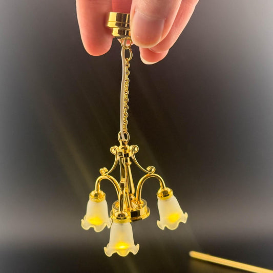 Miniature brass lamp Touchless operation with wand Frosted tulips 3-arms chandelier LED  light 1:12 scale for dollhouse No-touch No-Switch