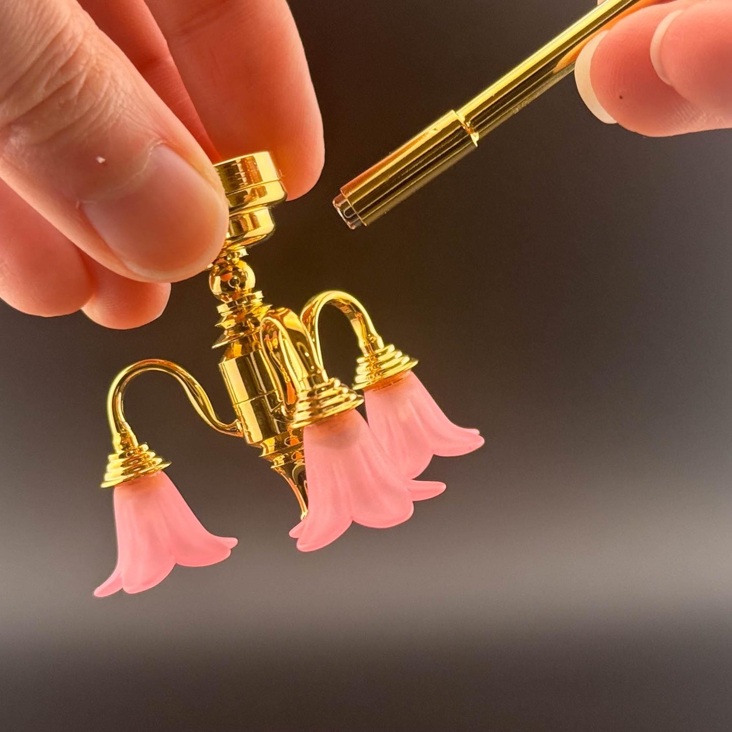 Miniature brass lamp Touchless operation with wand pink down tulips 3-arms chandelier LED light 1:12 scale for dollhouse No-touch No-Switch