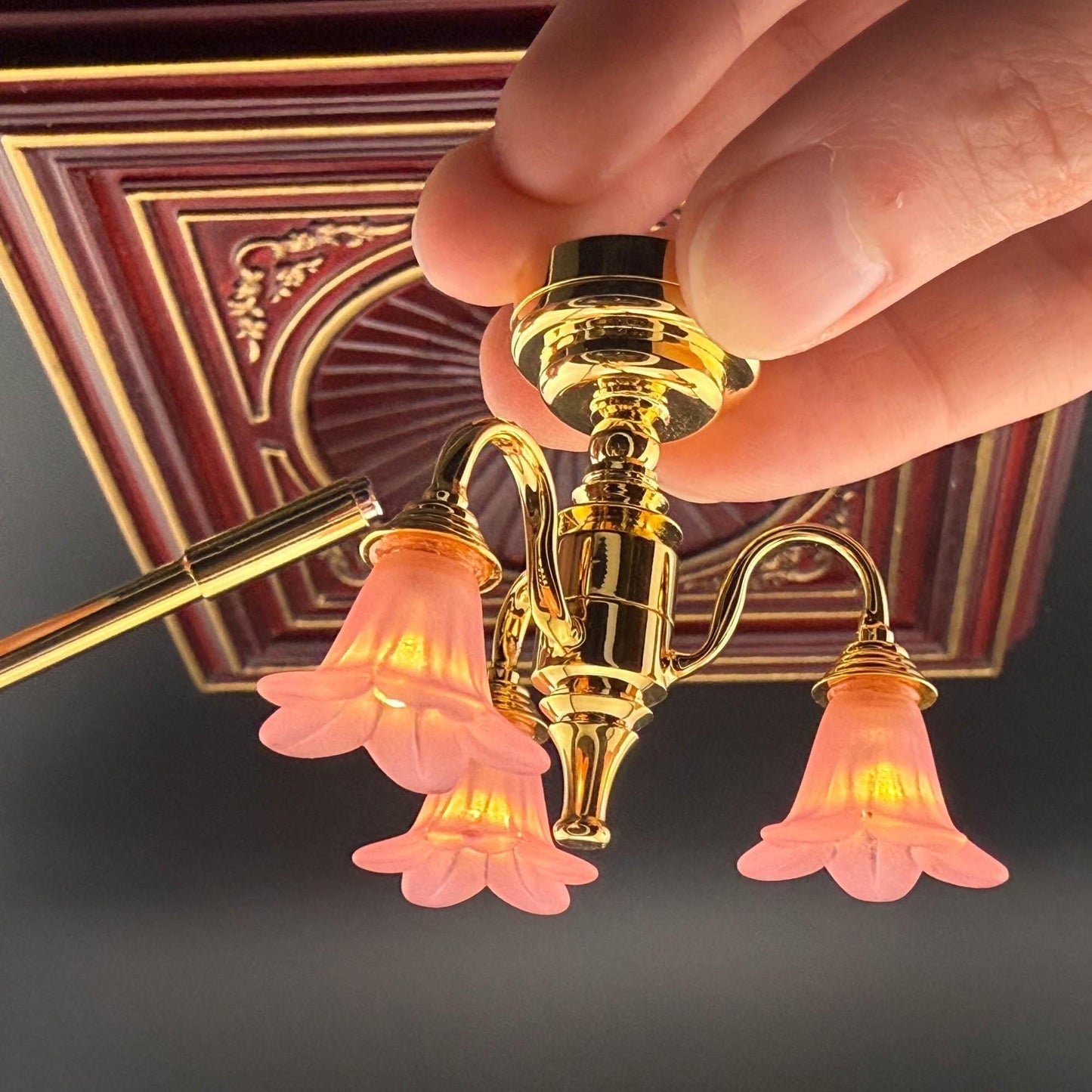 Miniature brass lamp Touchless operation with wand pink down tulips 3-arms chandelier LED light 1:12 scale for dollhouse No-touch No-Switch