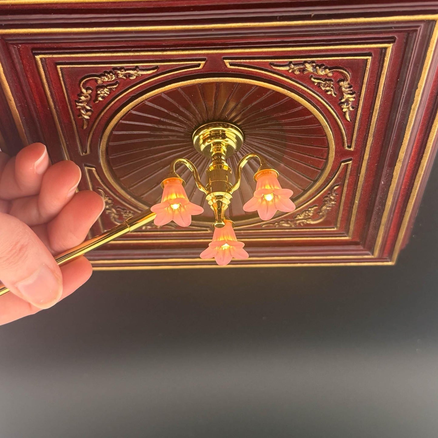 Miniature brass lamp Touchless operation with wand pink down tulips 3-arms chandelier LED light 1:12 scale for dollhouse No-touch No-Switch