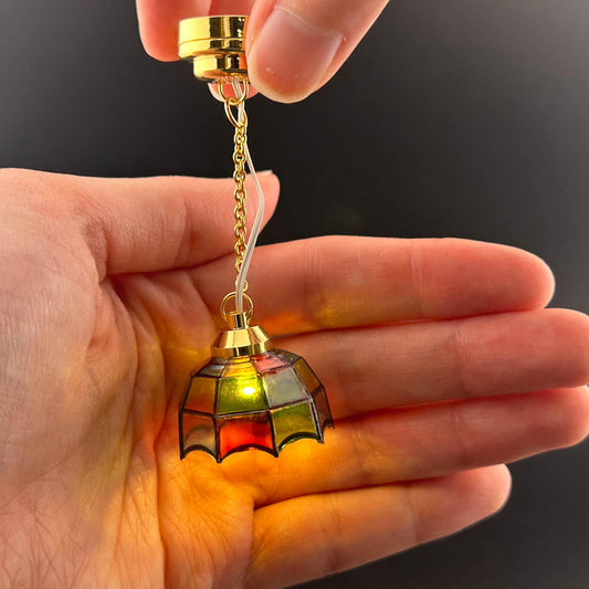 Miniature brass ceiling lamp Touchless operation with wand Tiffany colored shade LED  light 1:12 scale for dollhouse No-touch No-Switch