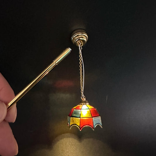 Miniature brass ceiling lamp Touchless operation with wand Tiffany colored shade LED  light 1:12 scale for dollhouse No-touch No-Switch