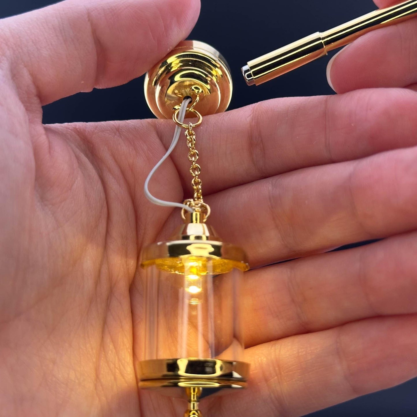 Miniature brass ceiling lamp Touchless operation with wand birdcage LED light 1:12 scale for dollhouse No-touch No-Switch