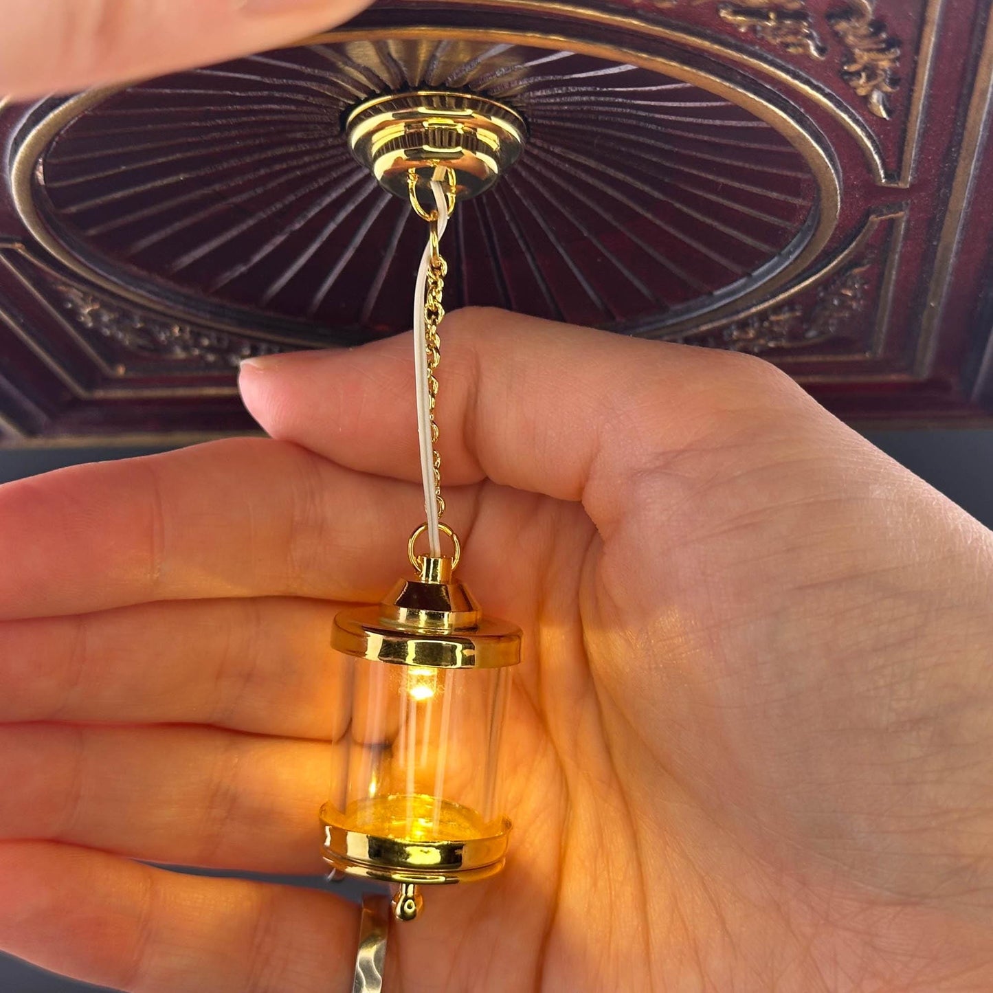 Miniature brass ceiling lamp Touchless operation with wand birdcage LED light 1:12 scale for dollhouse No-touch No-Switch