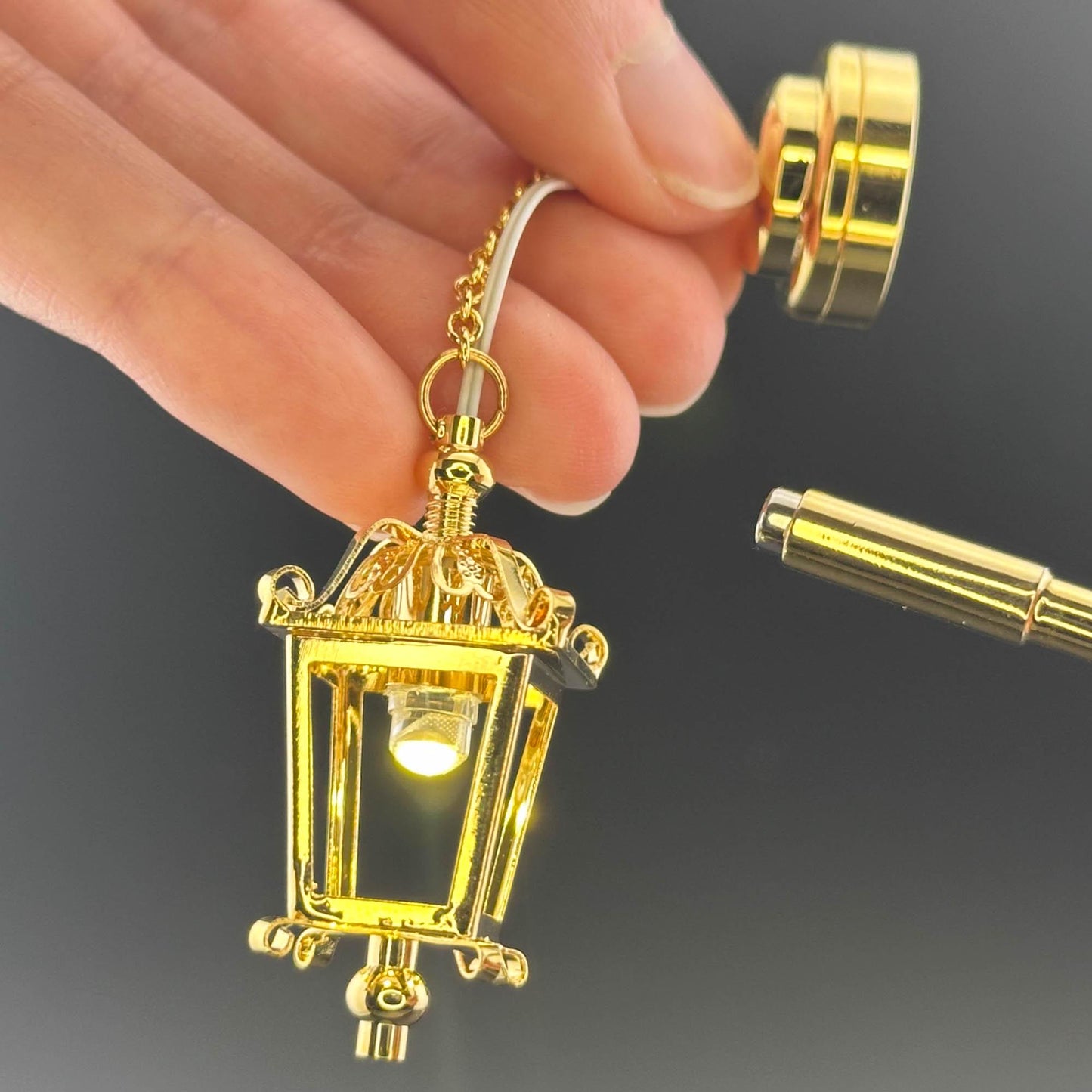Miniature brass ceiling carriage lamp Touchless operation with wand metal LED light 1:12 scale for dollhouse No-touch No-Switch