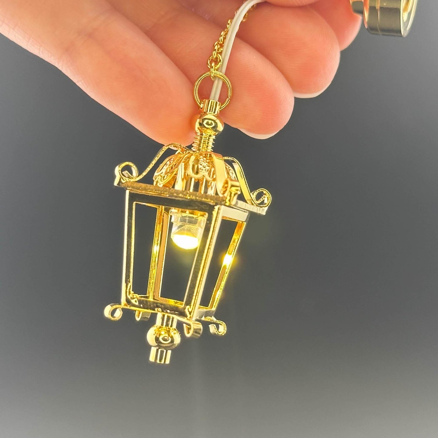 Miniature brass ceiling carriage lamp Touchless operation with wand metal LED light 1:12 scale for dollhouse No-touch No-Switch