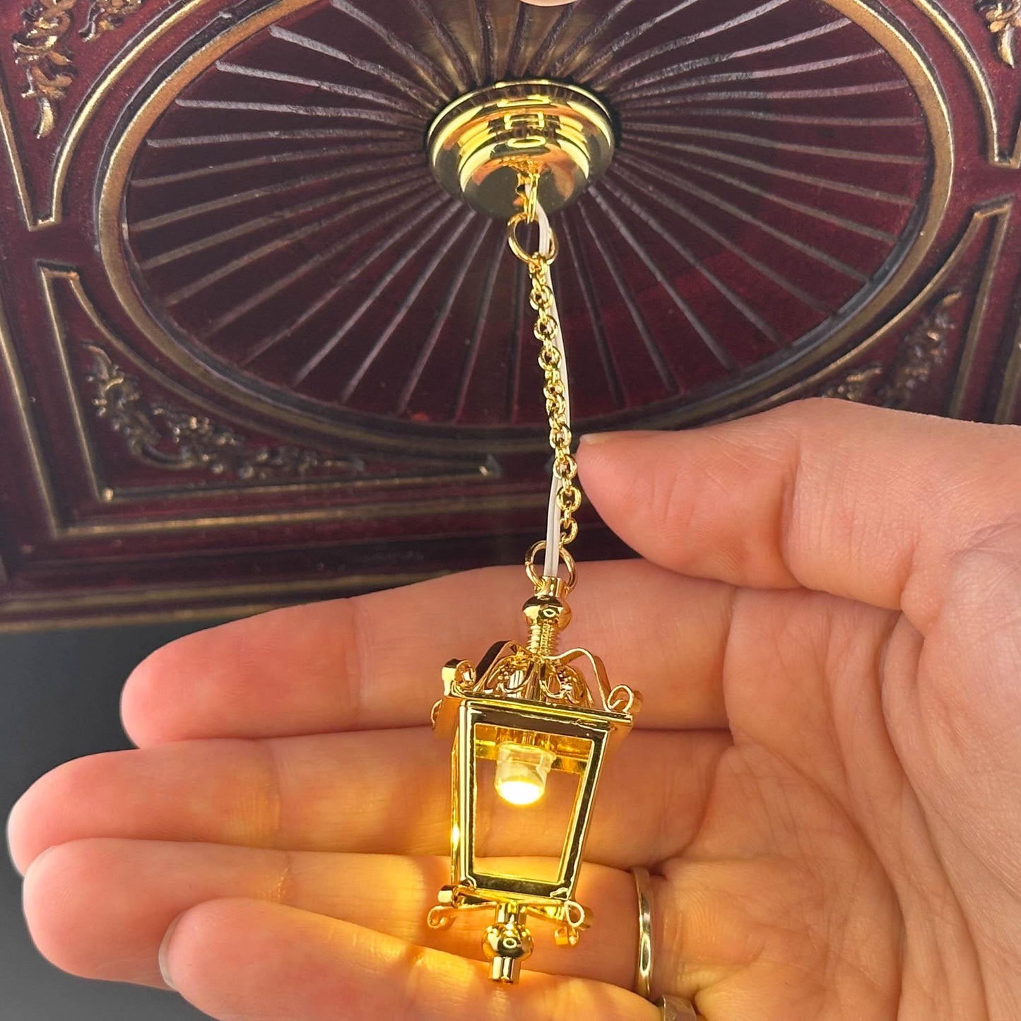 Miniature brass ceiling carriage lamp Touchless operation with wand metal LED light 1:12 scale for dollhouse No-touch No-Switch