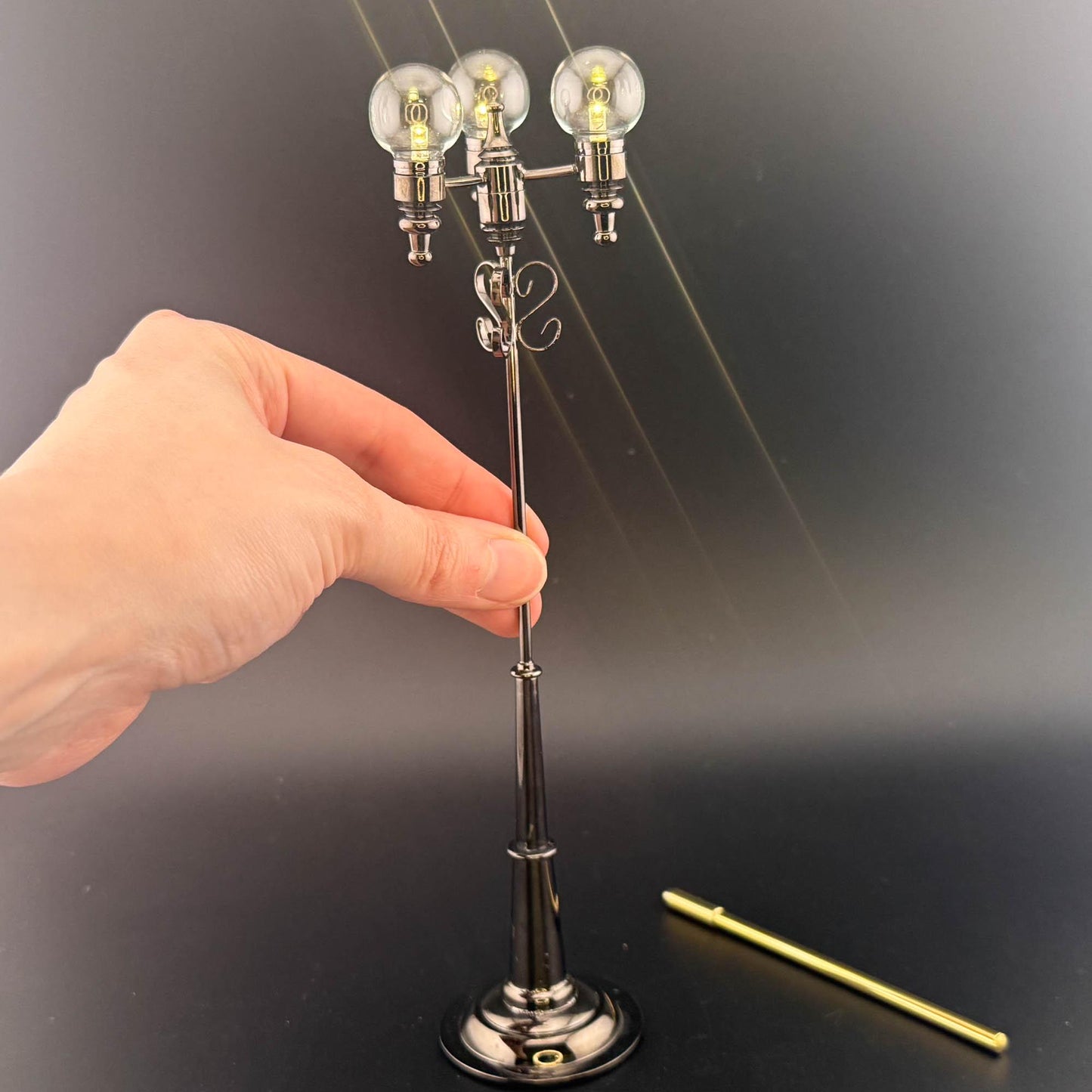 1:12 Scale Miniature Triple Globe LED Street Lamp – 8” H, Gunmetal Black, Touchless Sensor with Wand, Three Clear Glass Globes. dollhouse