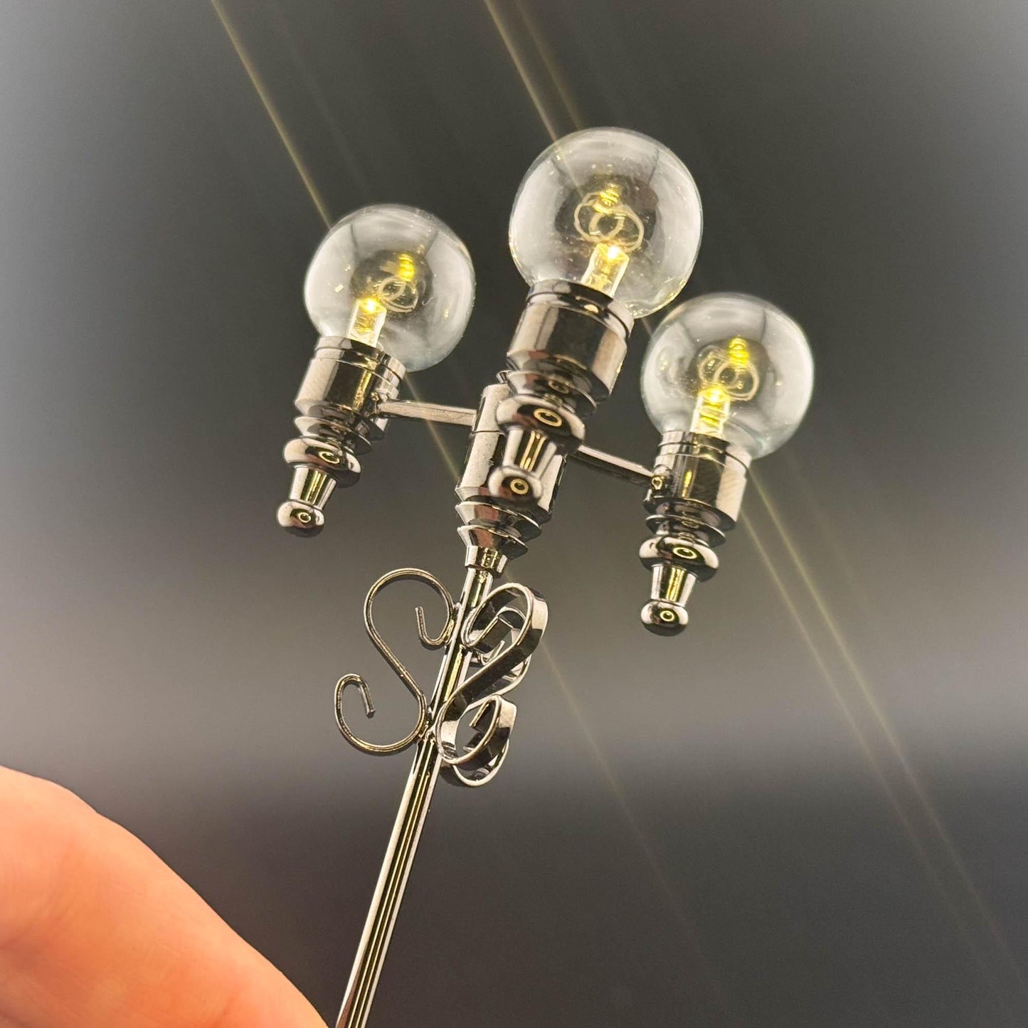 1:12 Scale Miniature Triple Globe LED Street Lamp – 8” H, Gunmetal Black, Touchless Sensor with Wand, Three Clear Glass Globes. dollhouse