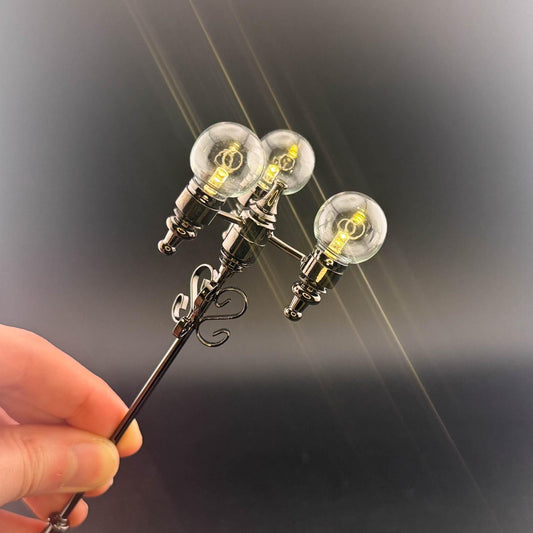 1:12 Scale Miniature Triple Globe LED Street Lamp – 8” H, Gunmetal Black, Touchless Sensor with Wand, Three Clear Glass Globes. dollhouse