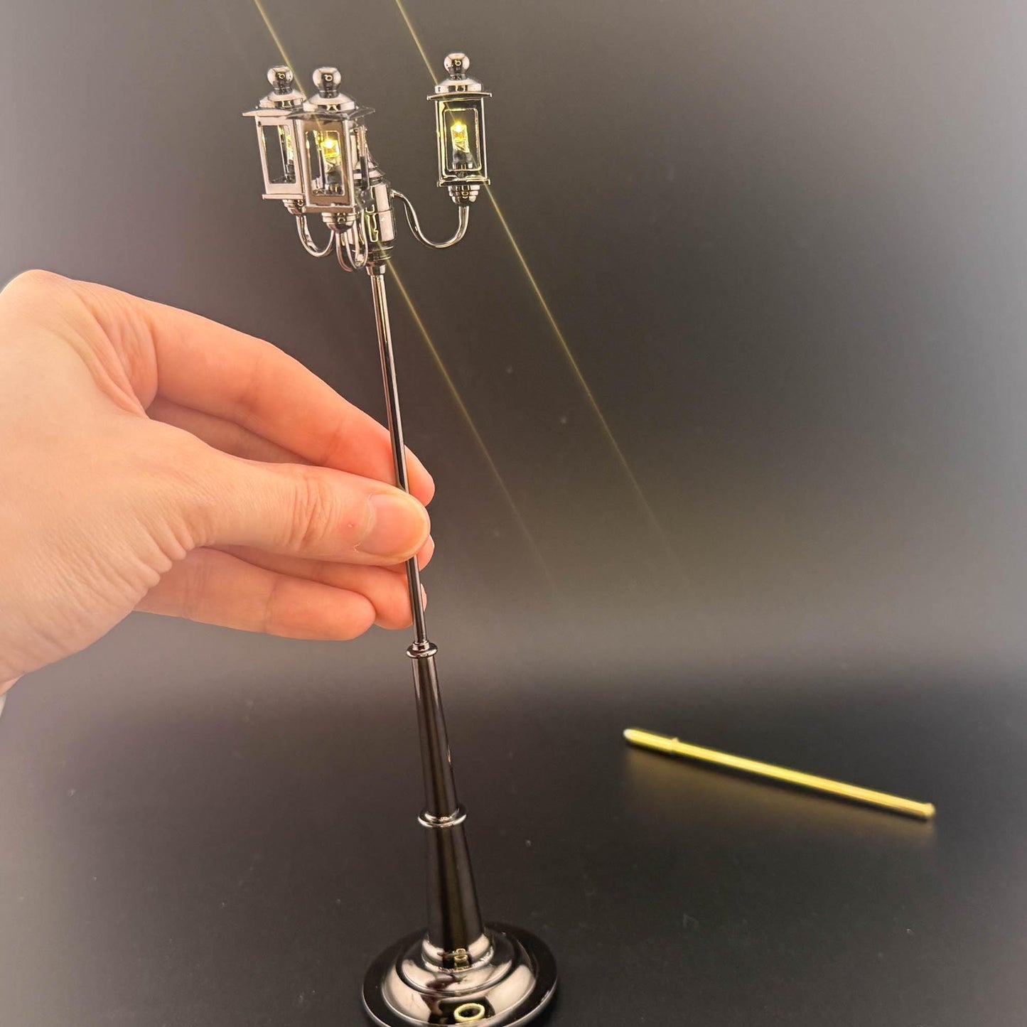 1:12 Scale Miniature Triple 3-Arm Carriage Lamp – 8” H, Gunmetal Black, Touchless Sensor with Wand, garden street light dollhouse