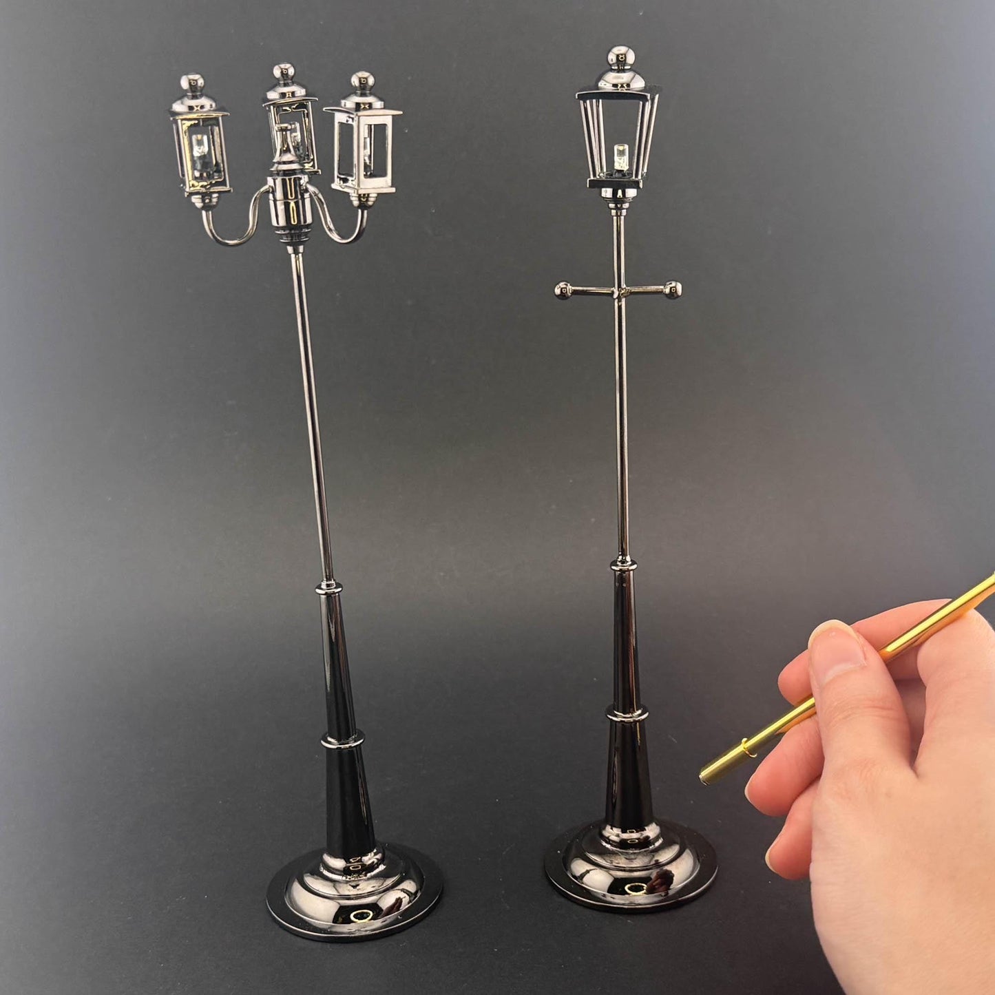 1:12 Scale Miniature Triple 3-Arm Carriage Lamp – 8” H, Gunmetal Black, Touchless Sensor with Wand, garden street light dollhouse