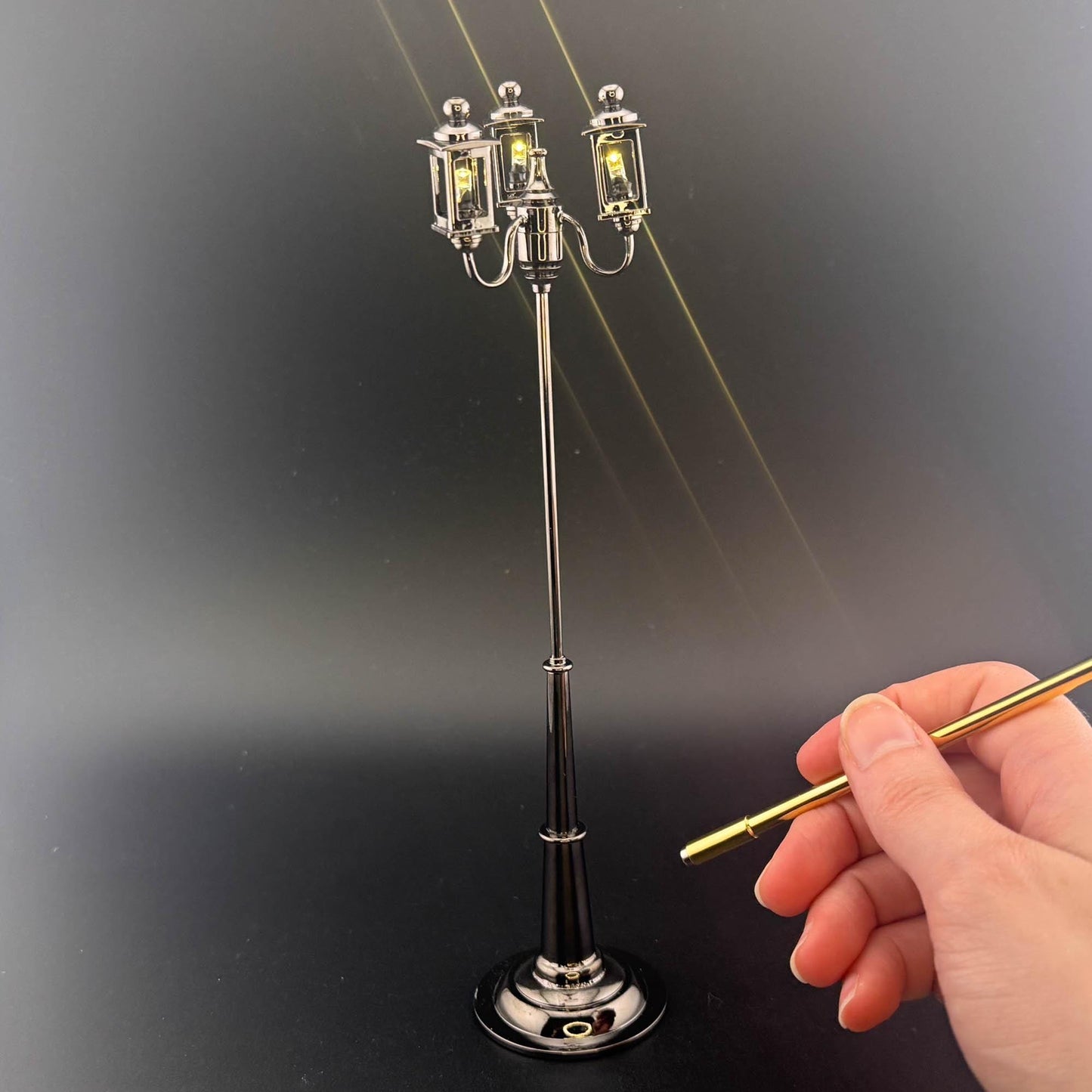 1:12 Scale Miniature Triple 3-Arm Carriage Lamp – 8” H, Gunmetal Black, Touchless Sensor with Wand, garden street light dollhouse