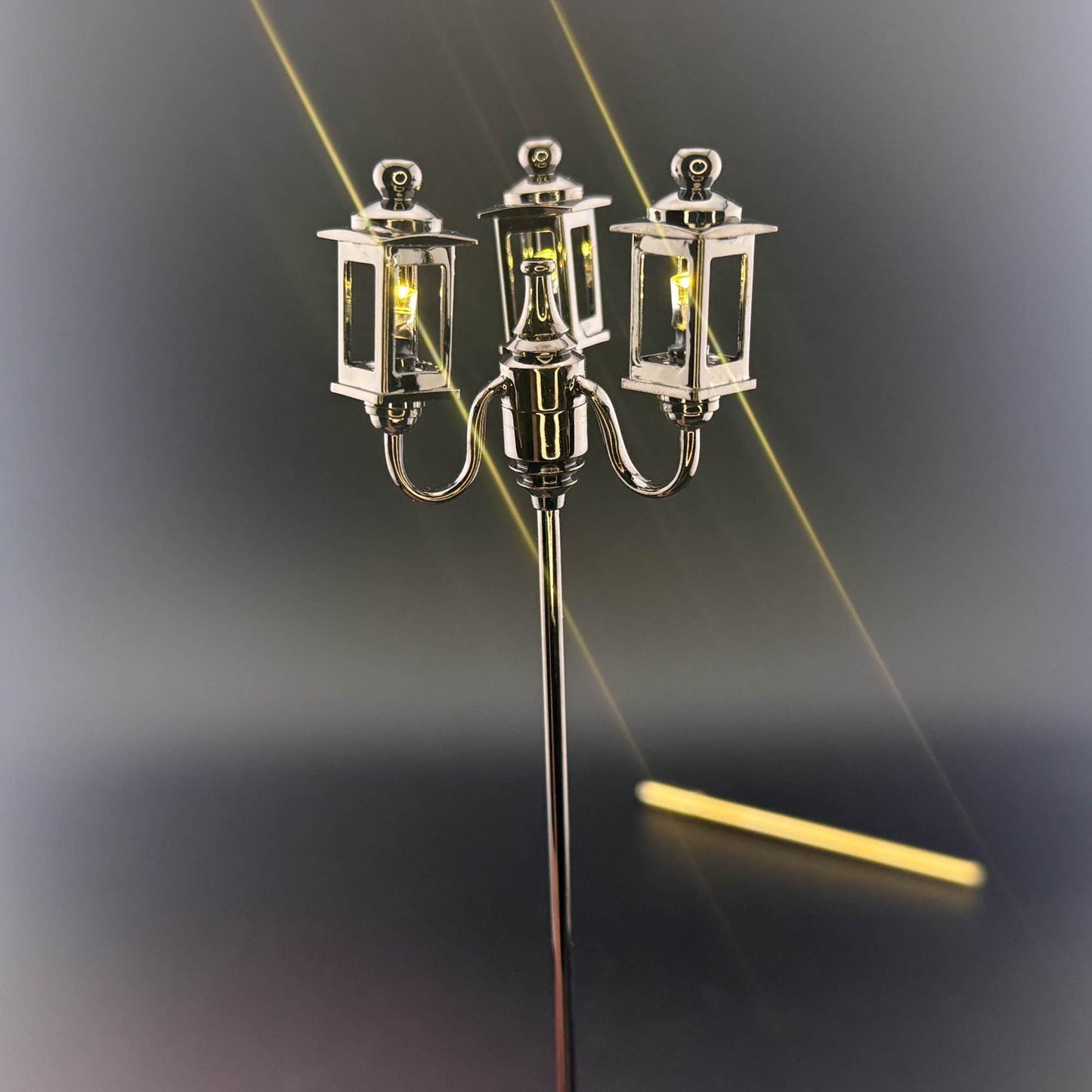 1:12 Scale Miniature Triple 3-Arm Carriage Lamp – 8” H, Gunmetal Black, Touchless Sensor with Wand, garden street light dollhouse