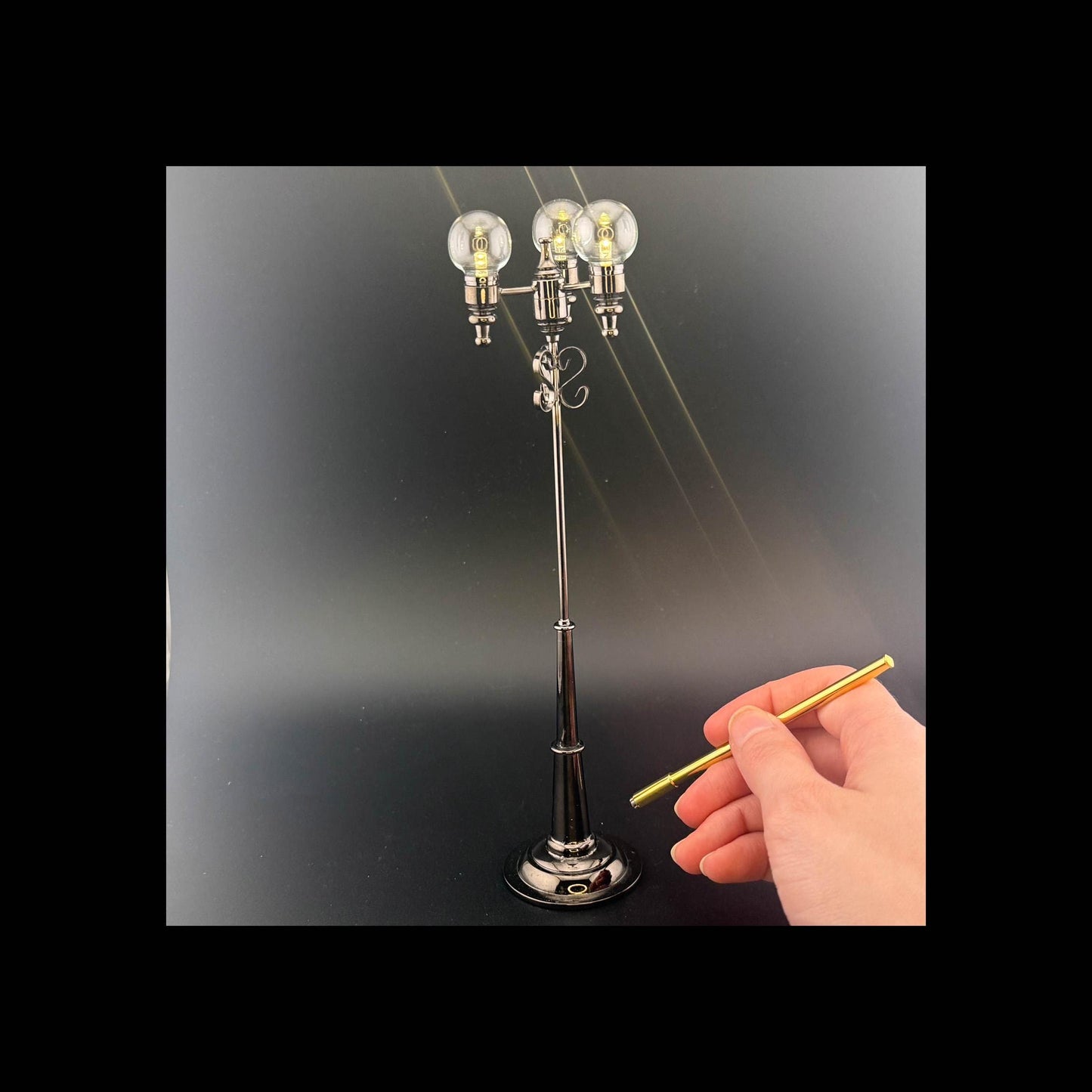 1:12 Scale Miniature Triple Globe LED Street Lamp – 8” H, Gunmetal Black, Touchless Sensor with Wand, Three Clear Glass Globes. dollhouse