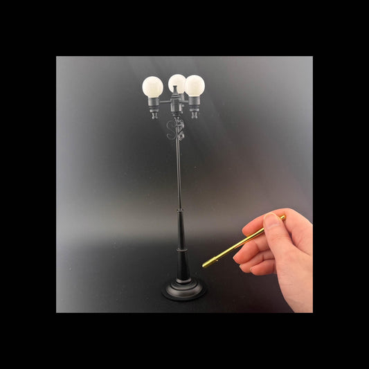 Miniature 8"H  triple globes street LED LAMP Dollhouse light sensor Touchless operation 1:12 matt black with magic magnetic wand- no switch