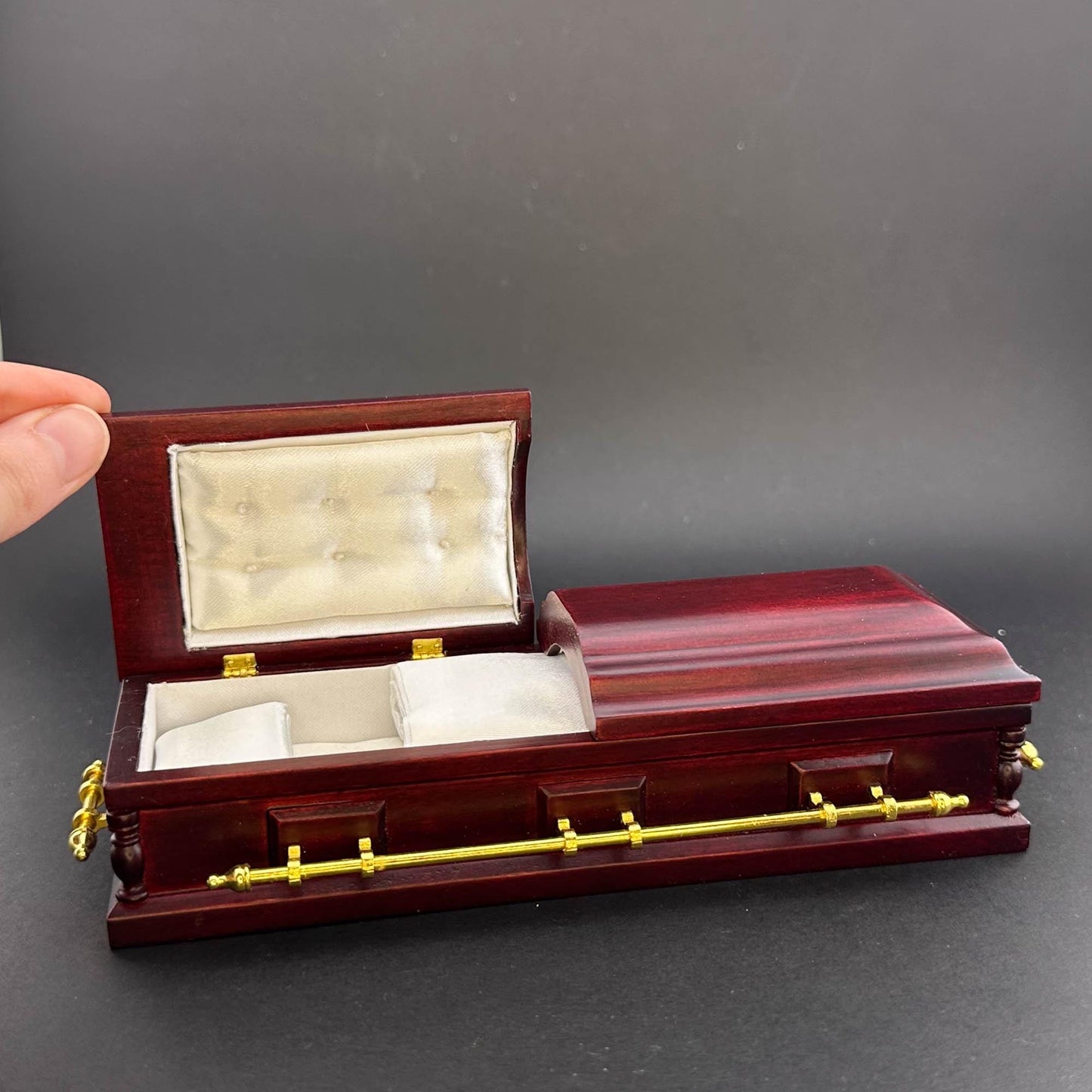 1:12 Scale Wooden miniature coffin casket Mahogany color with brass metal rod handles dollhouse Funeral buried