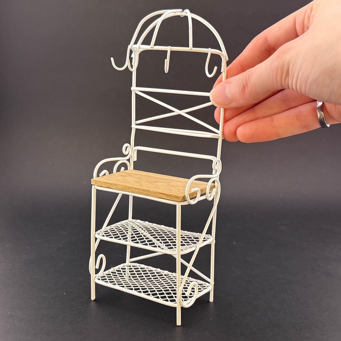 Miniature Victorian Wire Shelf with hanging hooks – 1:12 Scale White Wire for Dollhouse Garden or Kitchen