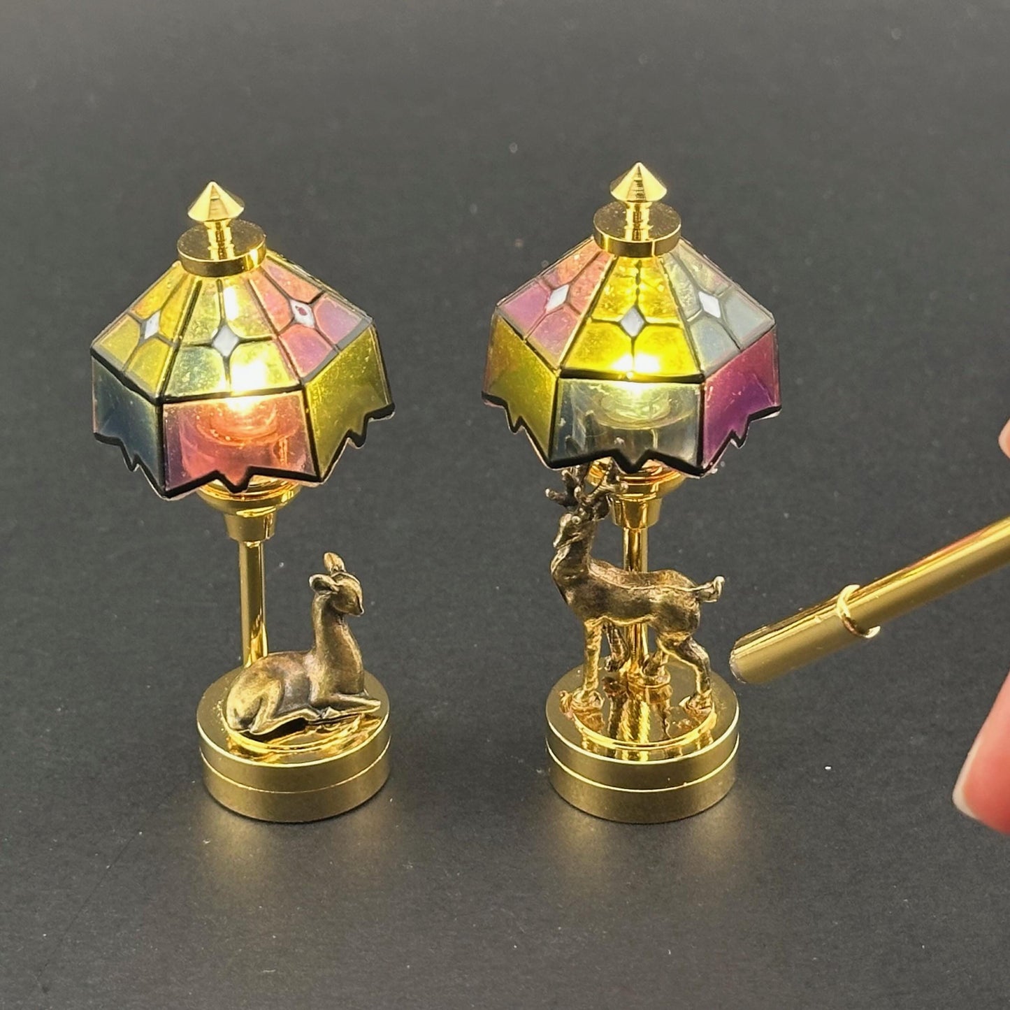 Romantic His and Hers miniature Pair of Dollhouse Lamps Touchless operation with Wand bedroom LED 1:12 Tiffany light Stag, Doe Tiffany deer
